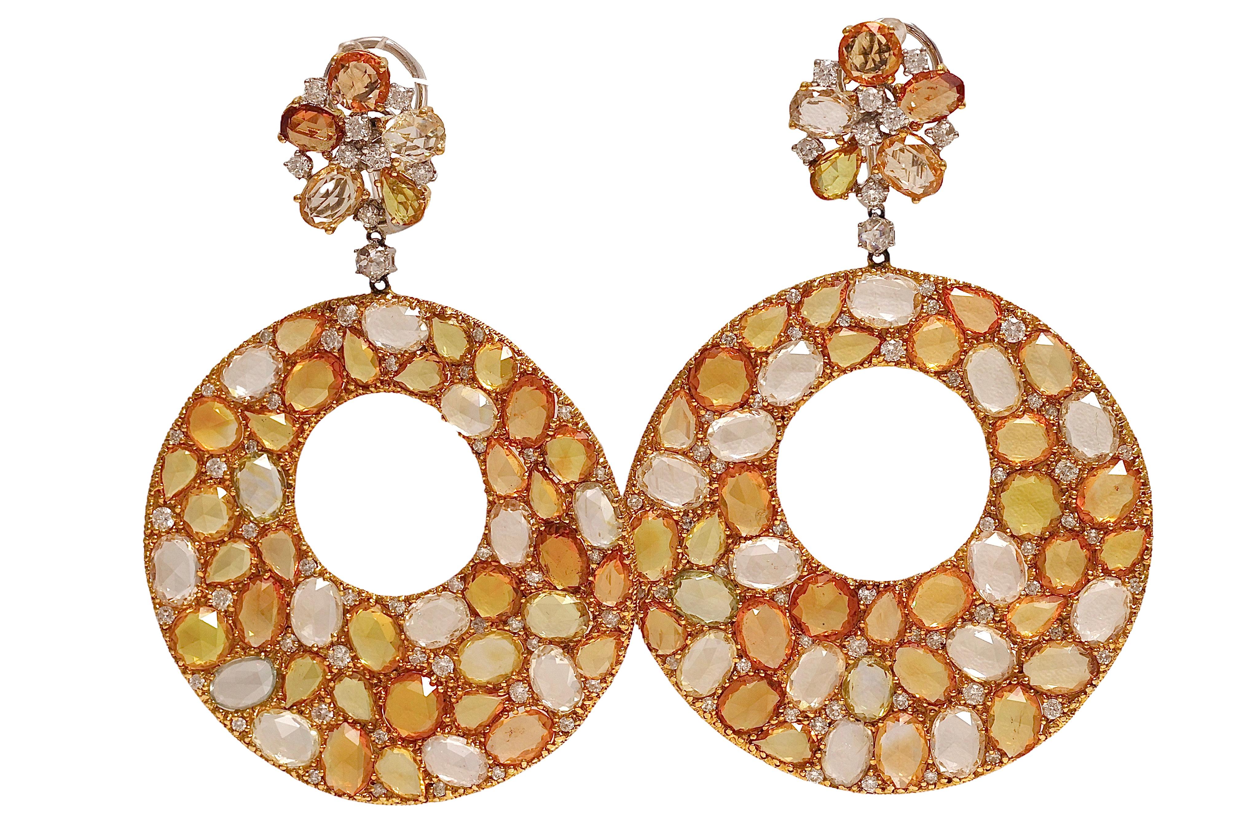 18kt. Yellow & White Gold Dangling Earrings With Colourful Sapphires & Diamond For Sale 3