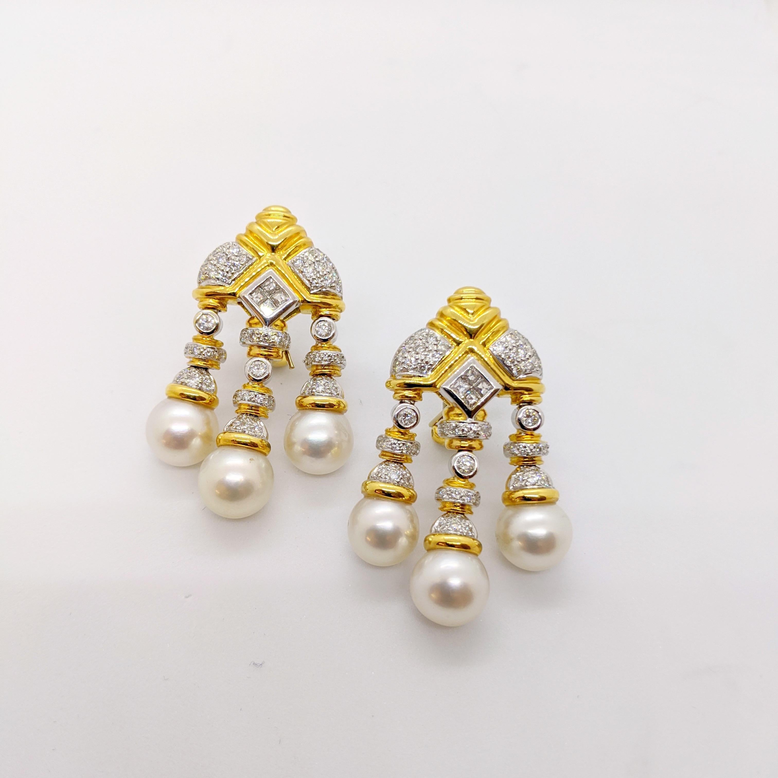 Contemporary 18 Karat Yellow & White Gold, Earrings with South Sea Pearls & 2.74Ct. Diamonds For Sale