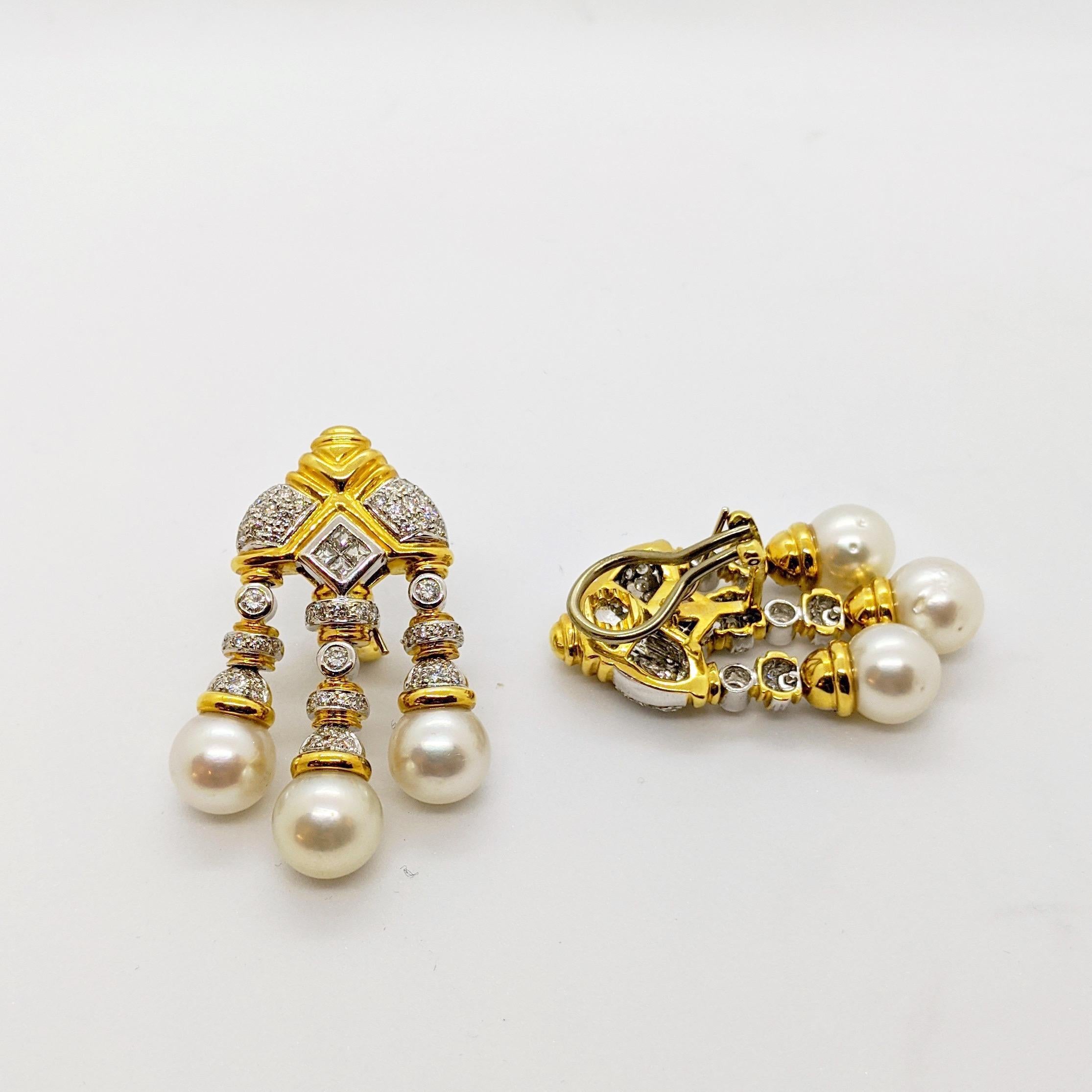 Round Cut 18 Karat Yellow & White Gold, Earrings with South Sea Pearls & 2.74Ct. Diamonds For Sale
