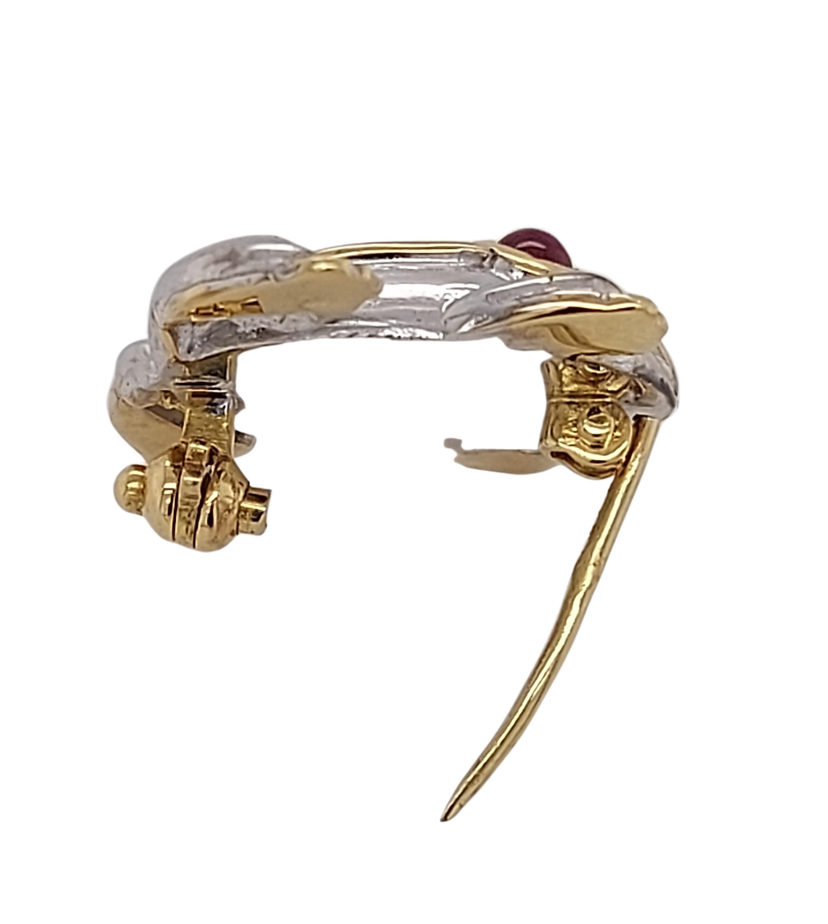 Artisan 18kt Yellow & White Gold Frog Brooch Set with Diamonds & Rubies For Sale