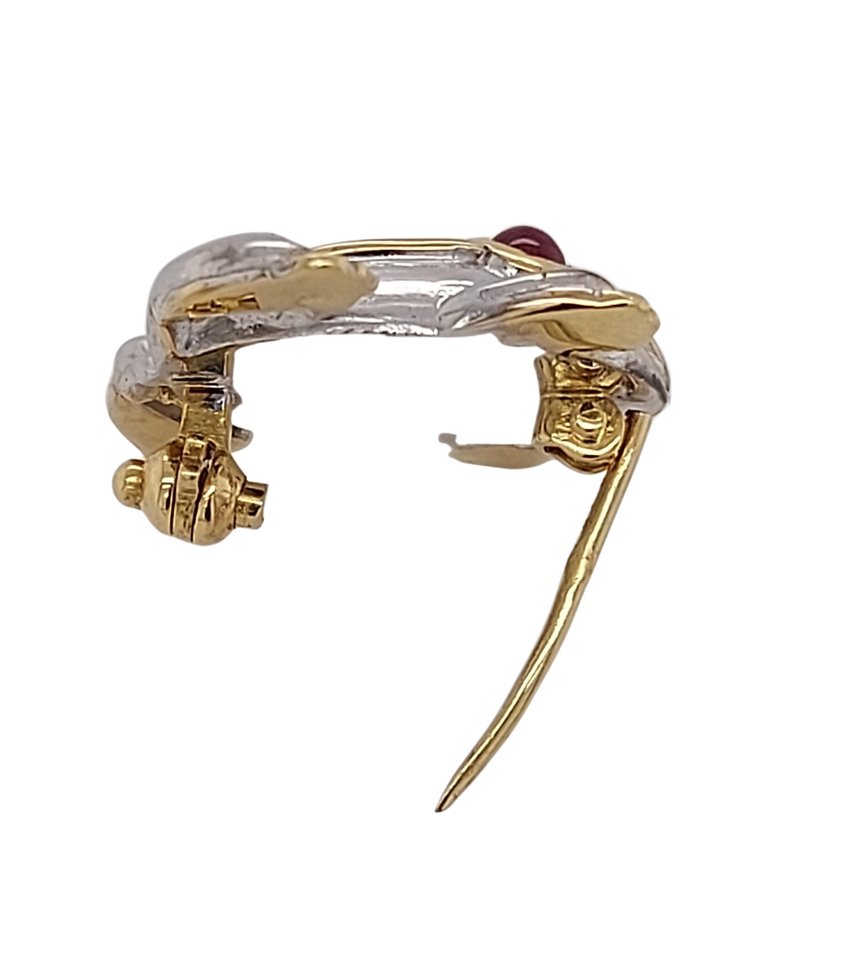 Brilliant Cut 18kt Yellow & White Gold Frog Brooch Set with Diamonds & Rubies For Sale