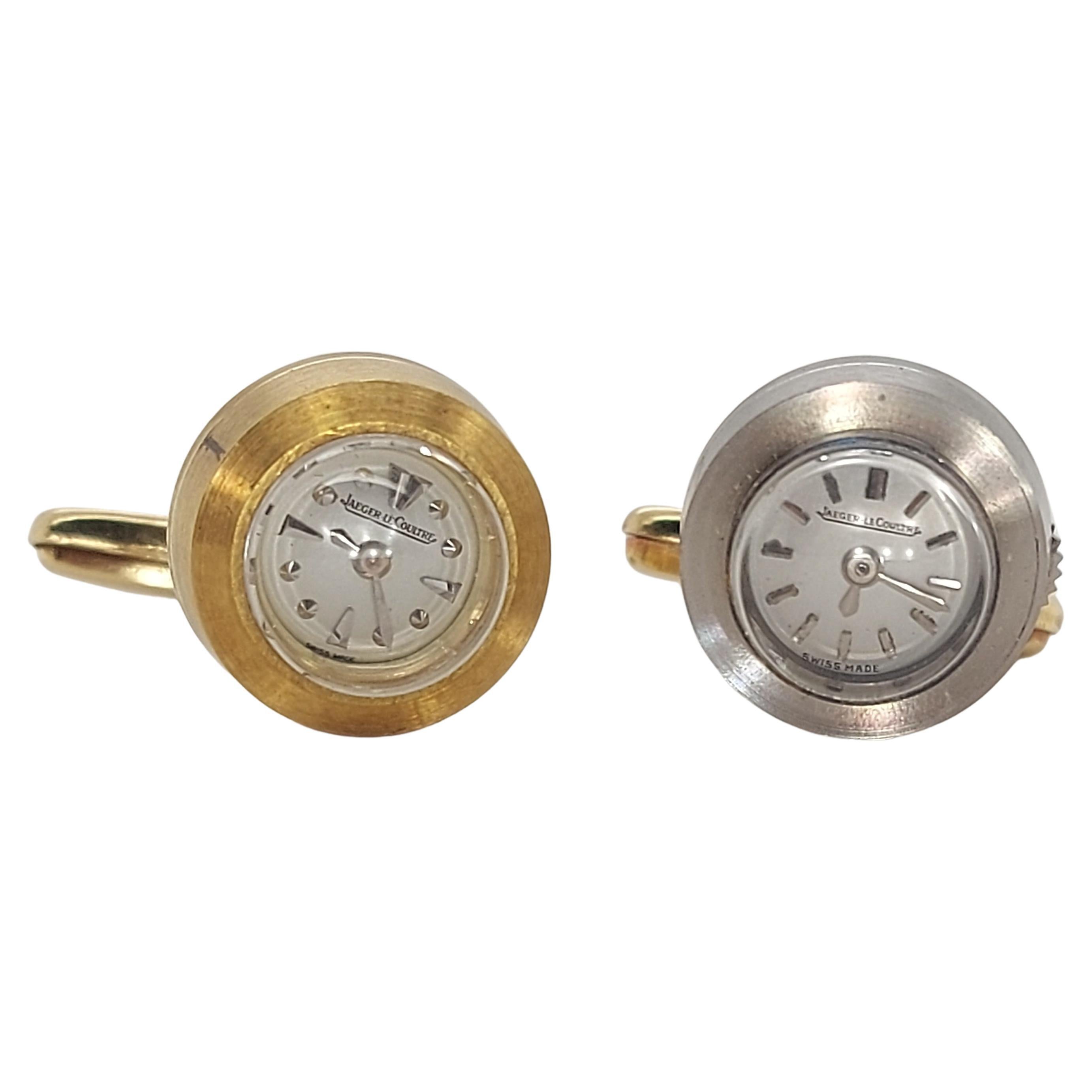 18kt Yellow  & White Gold Jaeger Le Coultre Backwinder Watch Cufflinks 

Material: 18kt white gold

Measurements: Diameter 13.4mm x 34.8 mm, Length cufflink folded 27.5mm 

Movement : Mechanical Manual Backwinder

Total weight: 15.2 gram / 0.535 oz