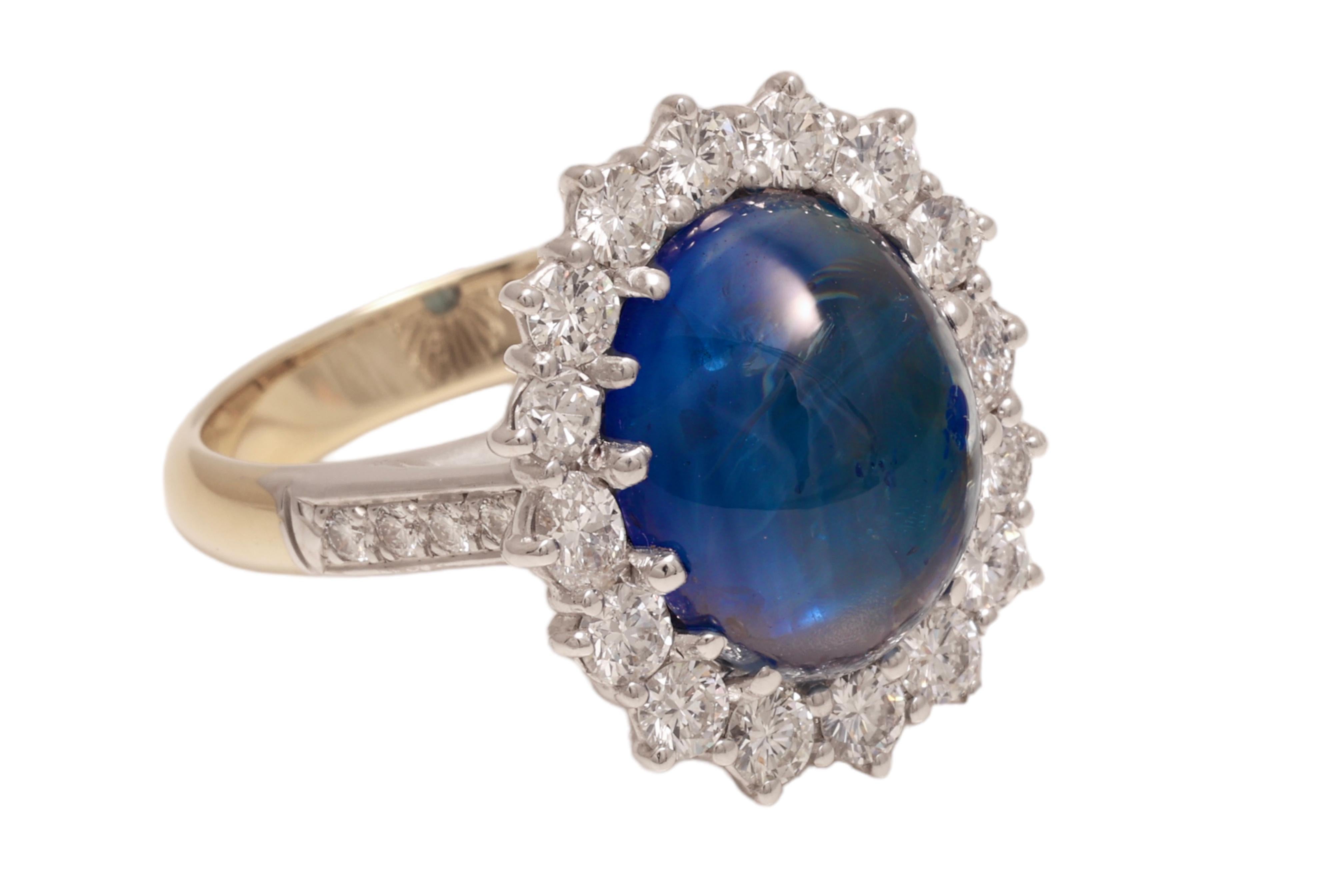 Artisan 18kt Yellow & White Gold Ring With a 9.93Ct Ceylon Cabochon Sapphire & Diamonds  For Sale