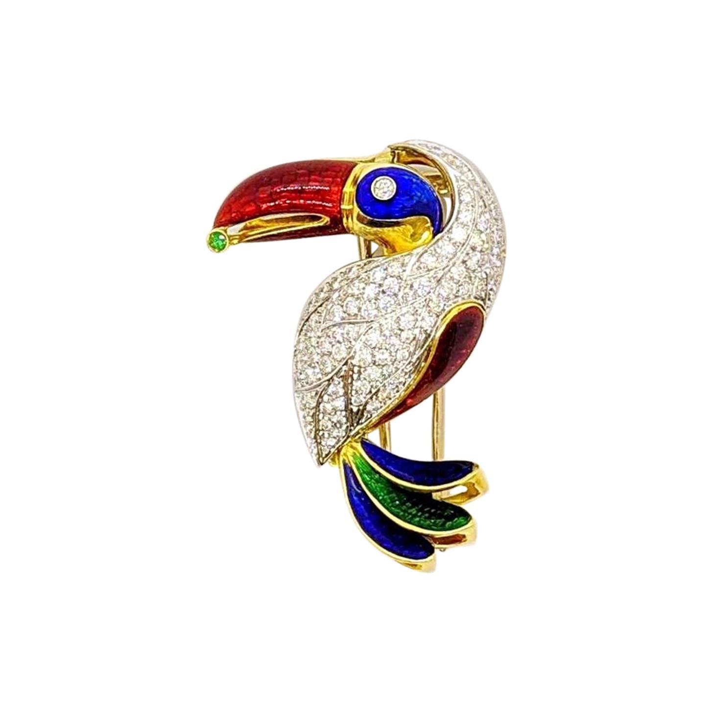 18KT Yellow & White Gold Toucan Brooch with 2.18 Carat Diamonds & Colored Enamel For Sale