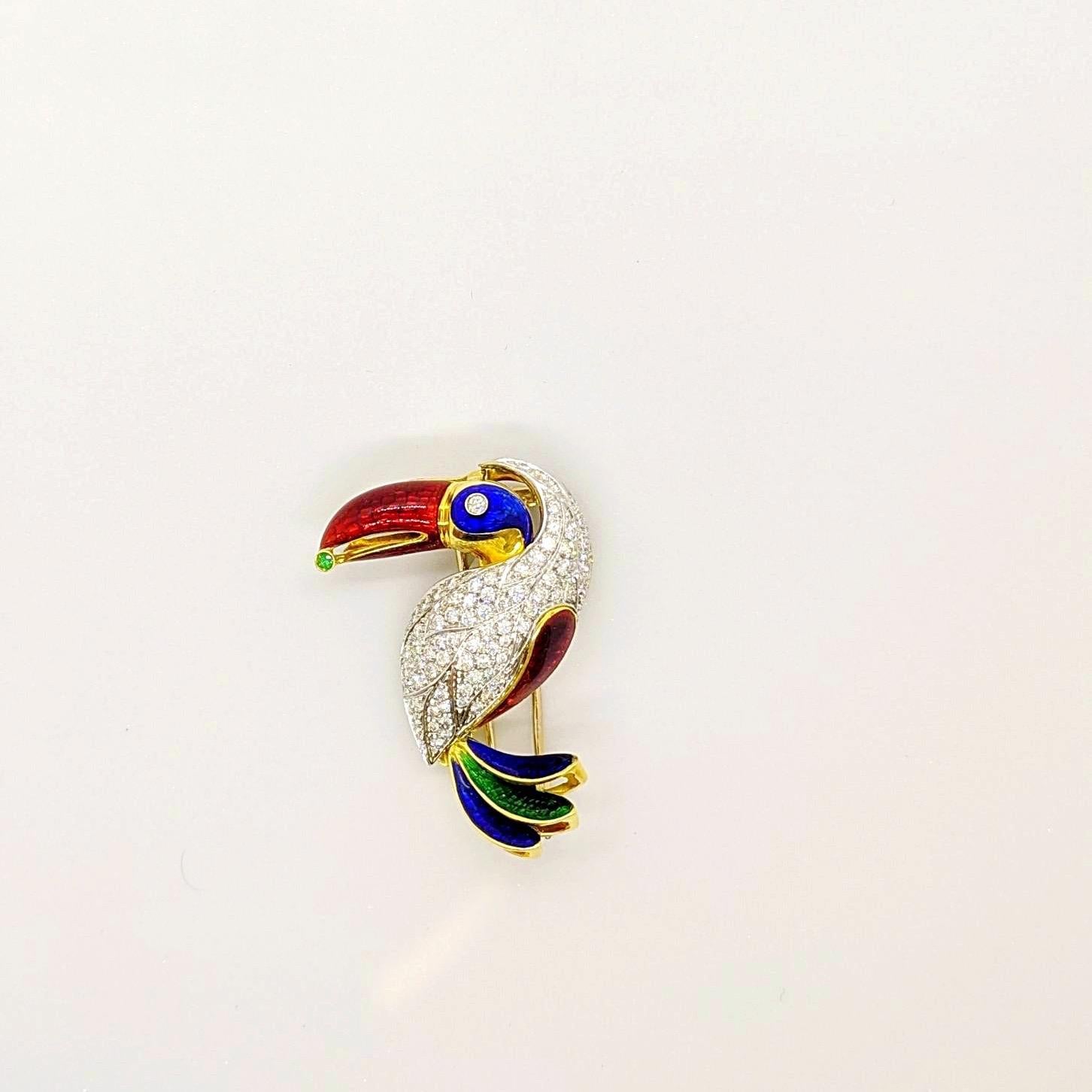 Contemporary 18KT Yellow & White Gold Toucan Brooch with 2.18 Carat Diamonds & Colored Enamel For Sale