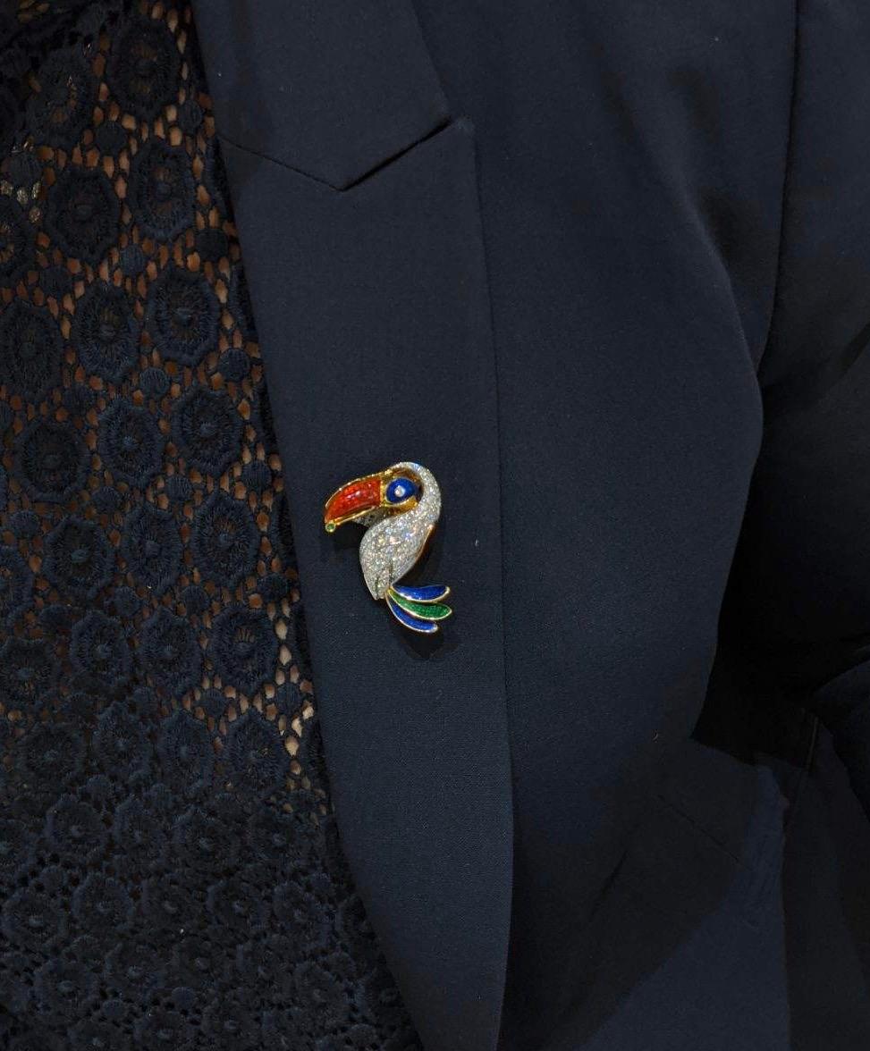 Round Cut 18KT Yellow & White Gold Toucan Brooch with 2.18 Carat Diamonds & Colored Enamel For Sale