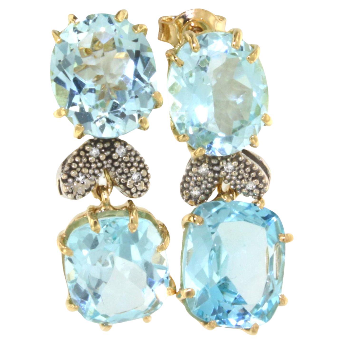 18kt Yellow White Gold With Blue Topaz White Diamonds Timeless Elegant Earrings 