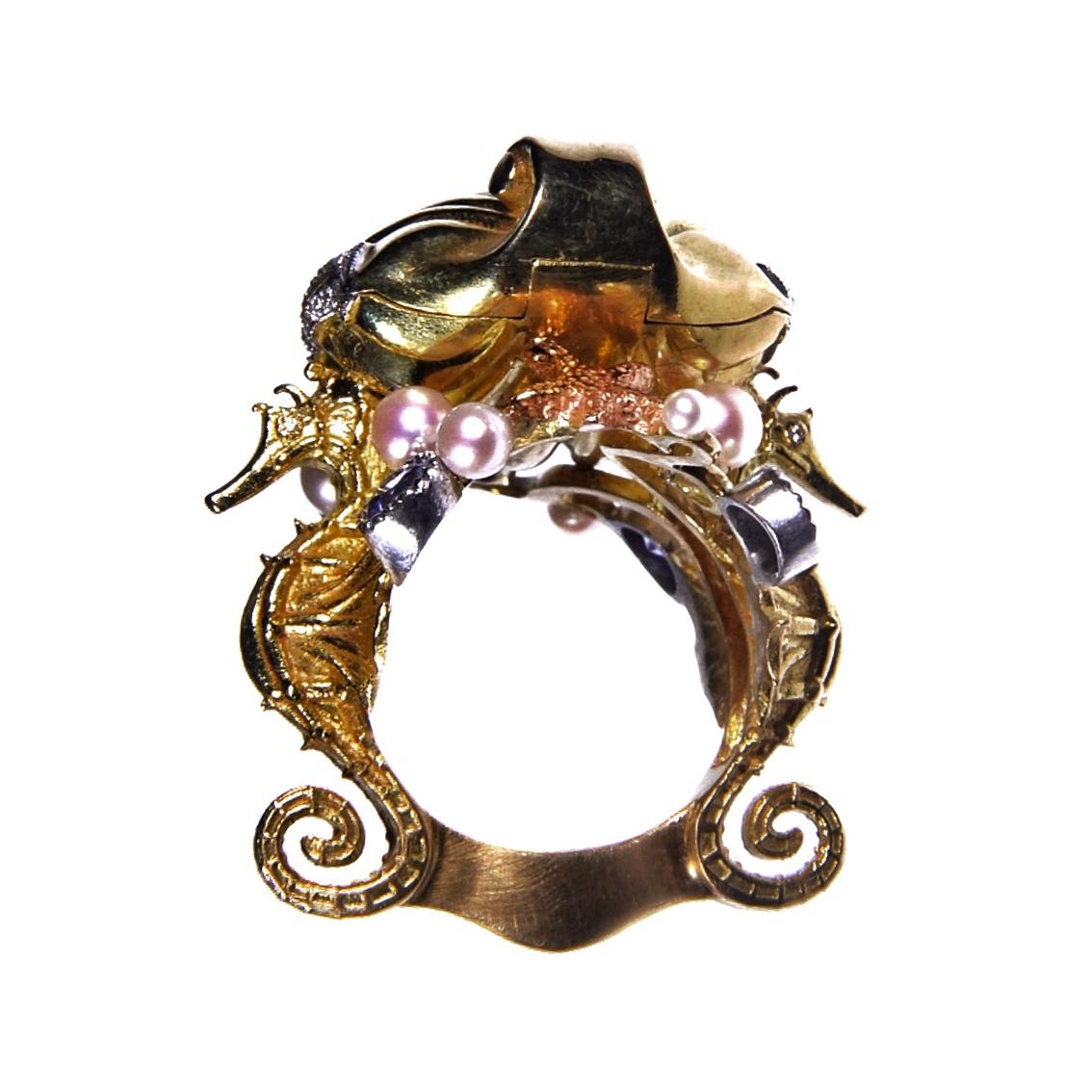 18kt Yellow White & Rose Seahorse Chamber Ring with Pearls, Sapphires, Diamonds 4