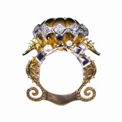 18kt Yellow White & Rose Seahorse Chamber Ring with Pearls, Sapphires, Diamonds