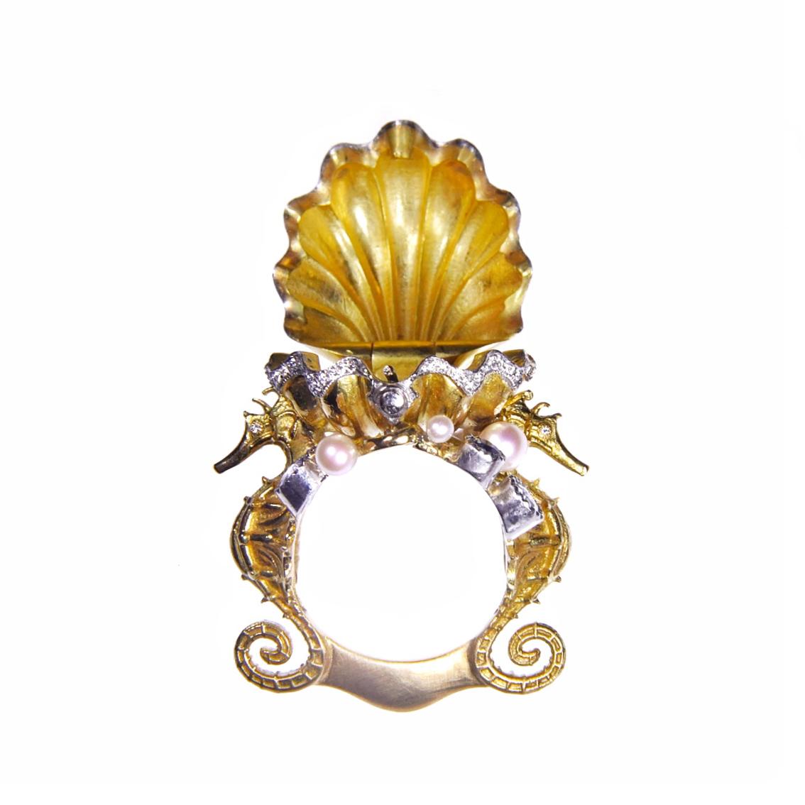 Art Nouveau 18kt Yellow White & Rose Seahorse Chamber Ring with Pearls, Sapphires, Diamonds