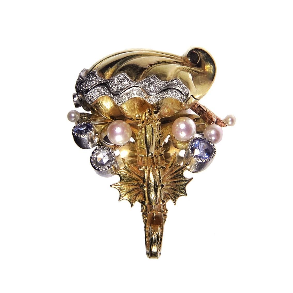 18kt Yellow White & Rose Seahorse Chamber Ring with Pearls, Sapphires, Diamonds In New Condition In Melbourne, Vic