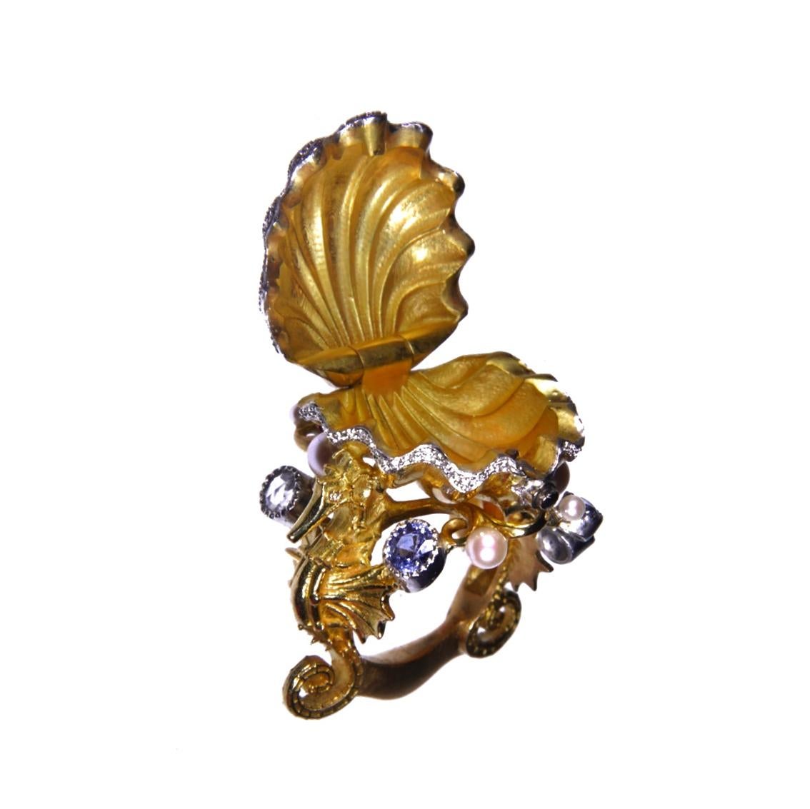 Women's or Men's 18kt Yellow White & Rose Seahorse Chamber Ring with Pearls, Sapphires, Diamonds