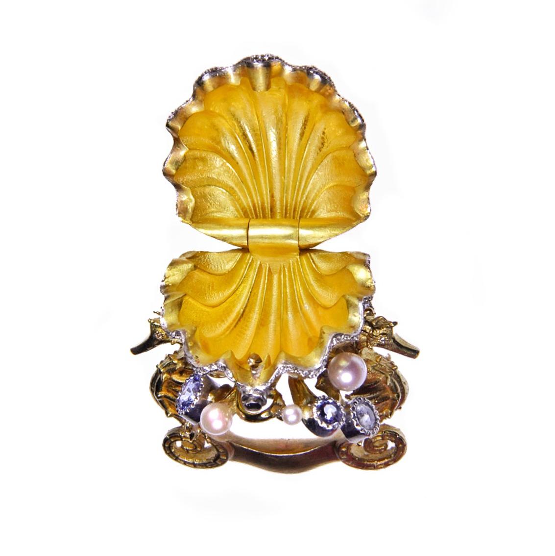 18kt Yellow White & Rose Seahorse Chamber Ring with Pearls, Sapphires, Diamonds 1