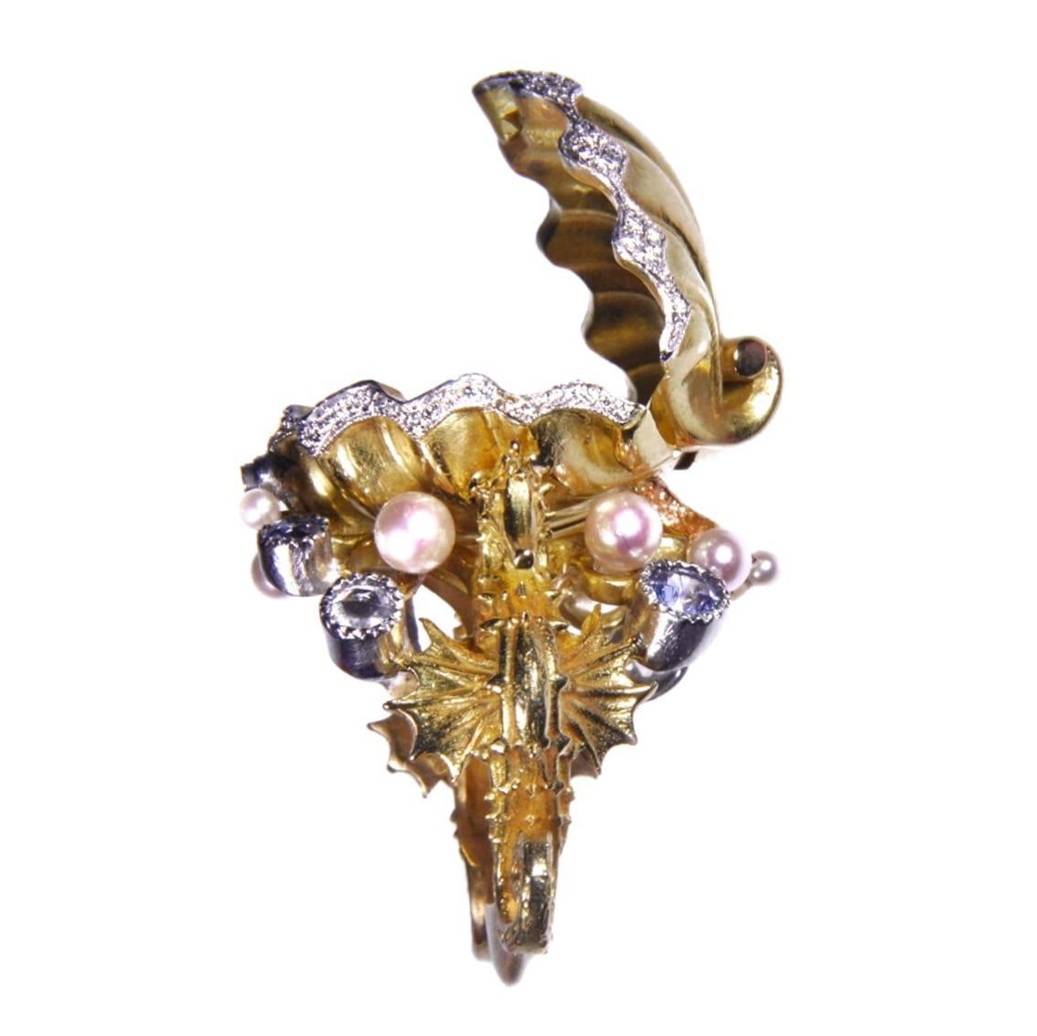 18kt Yellow White & Rose Seahorse Chamber Ring with Pearls, Sapphires, Diamonds 2