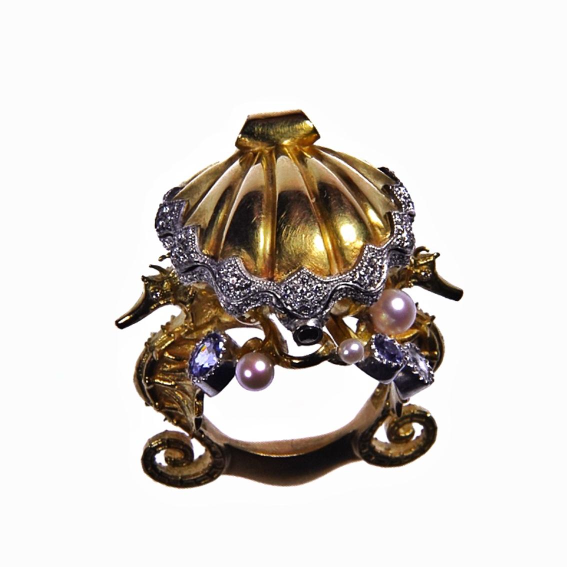 18kt Yellow White & Rose Seahorse Chamber Ring with Pearls, Sapphires, Diamonds 3