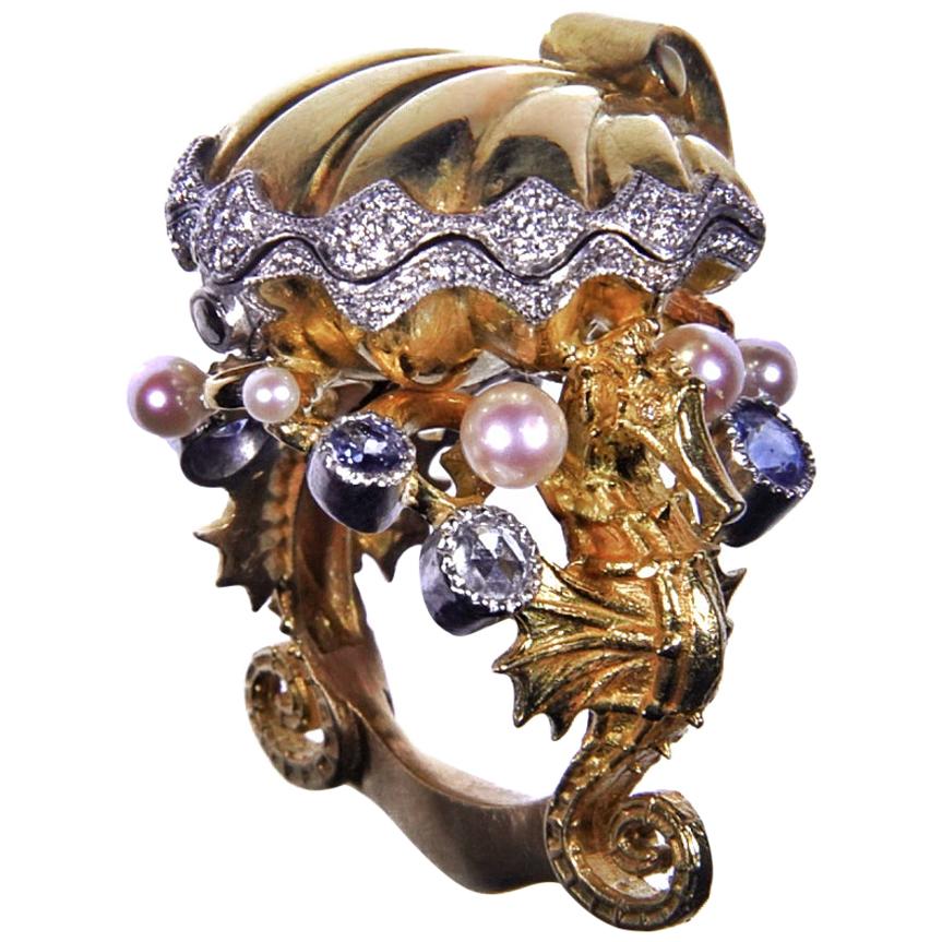 18kt Yellow White & Rose Seahorse Chamber Ring with Pearls, Sapphires, Diamonds