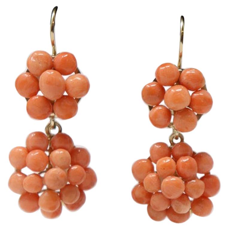 Victorian Coral Double Ball Gold Earrings at 1stDibs