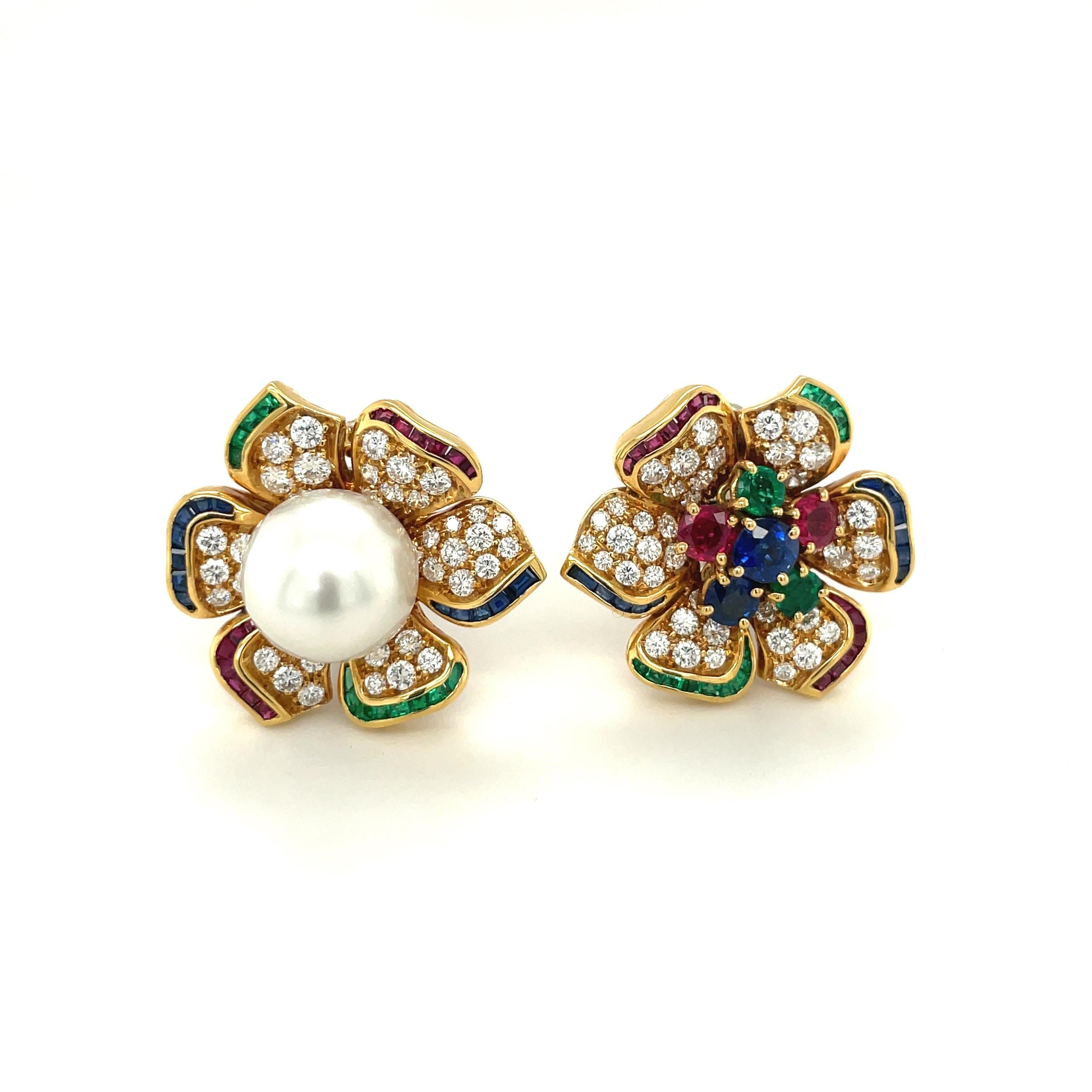 Rétro 18KT YG (YG)  Diamant 2,17 carats, 4,41 carats Boucles d'oreilles interchangeables en pierres précieuses et perles en vente