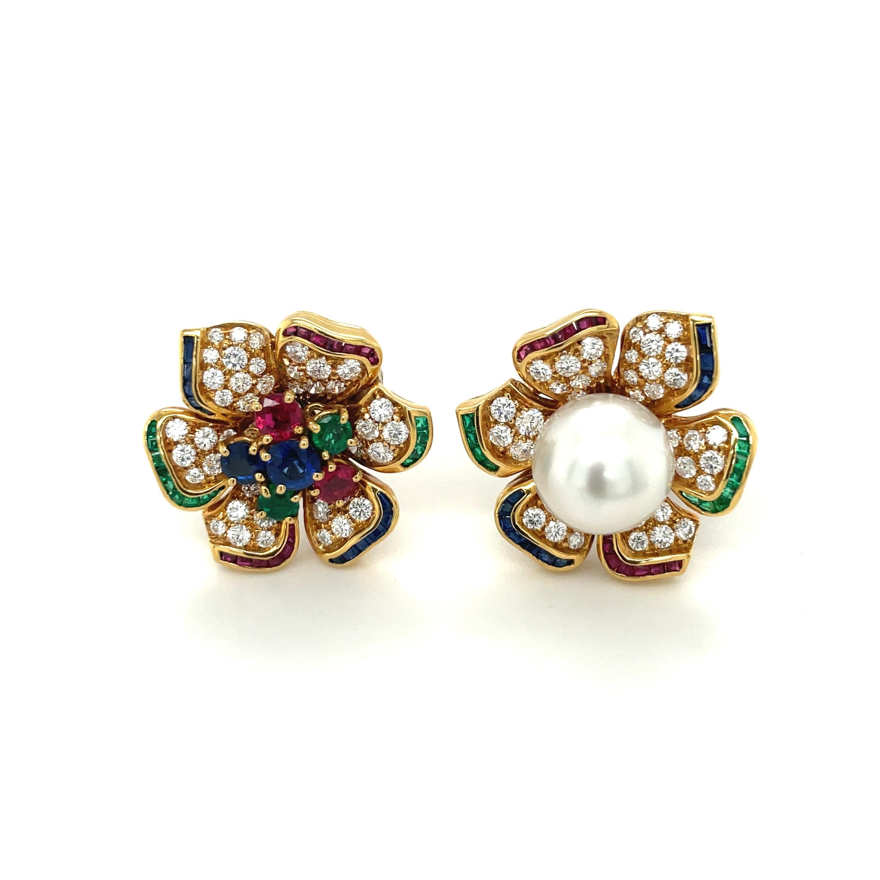 Taille ronde 18KT YG (YG)  Diamant 2,17 carats, 4,41 carats Boucles d'oreilles interchangeables en pierres précieuses et perles en vente