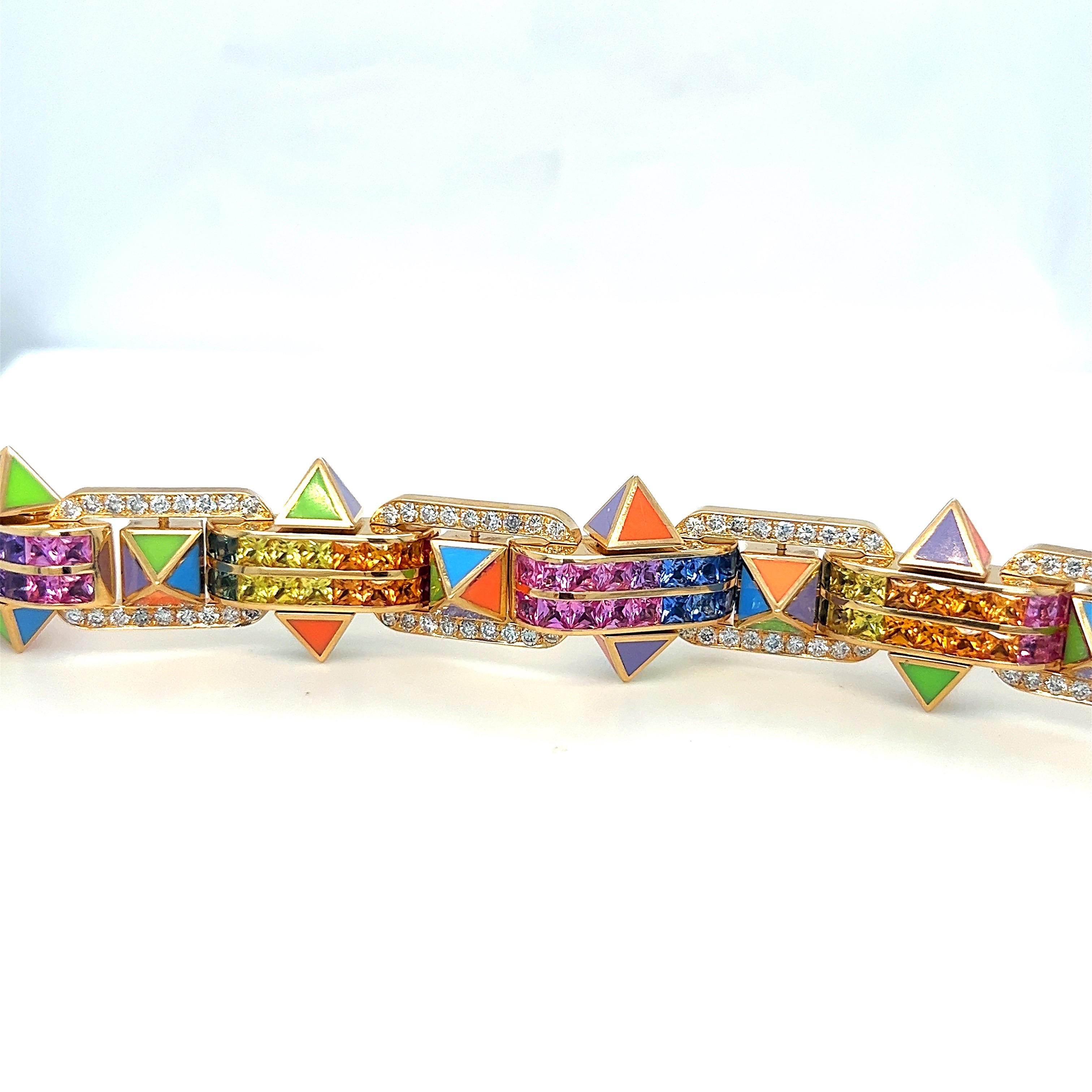 Modern 18KT YG 2.76Ct Diamond 16.27Ct Multi-Colored Sapphires and Enamel Bracelet