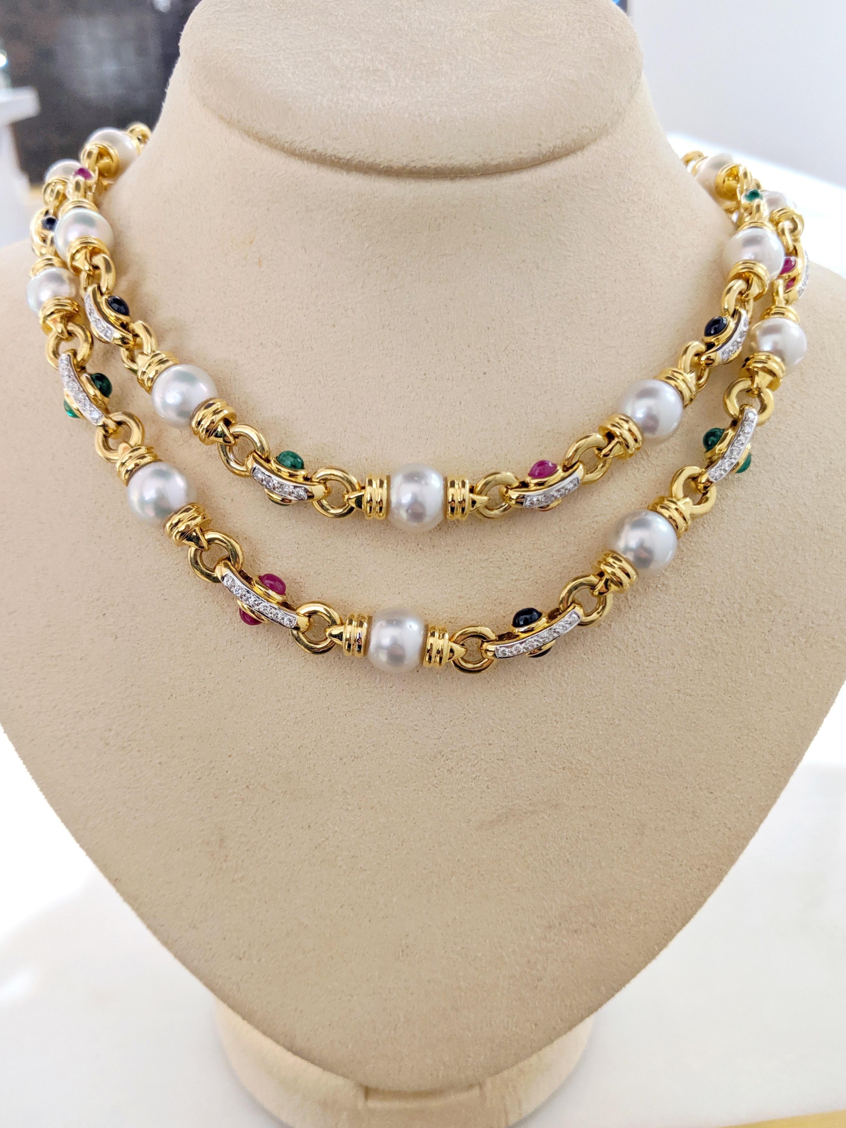 Retro 18 Karat Gold Double Strand Necklace with Diamonds Pearls and Colored Gem Stones
