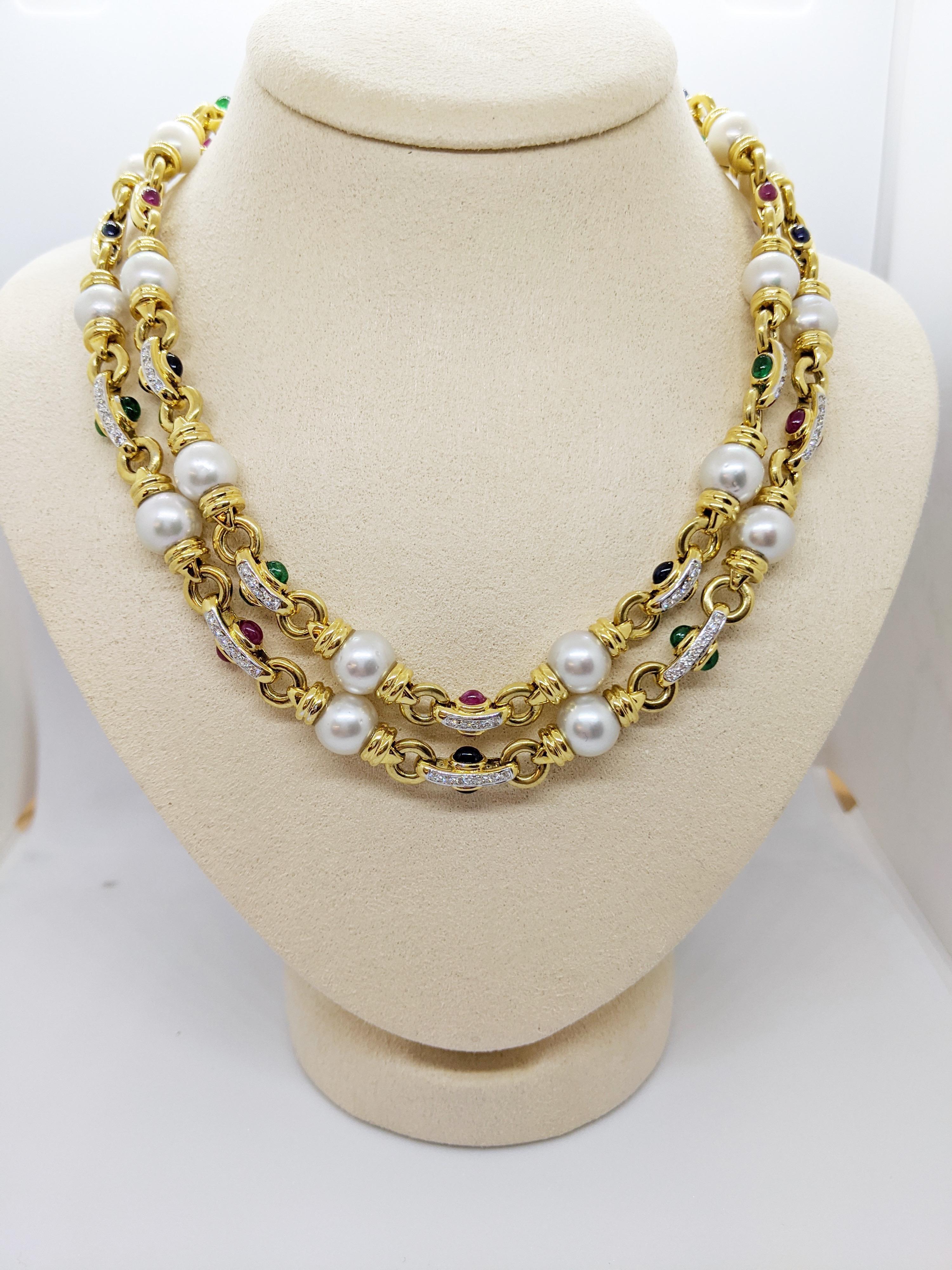 Round Cut 18 Karat Gold Double Strand Necklace with Diamonds Pearls and Colored Gem Stones