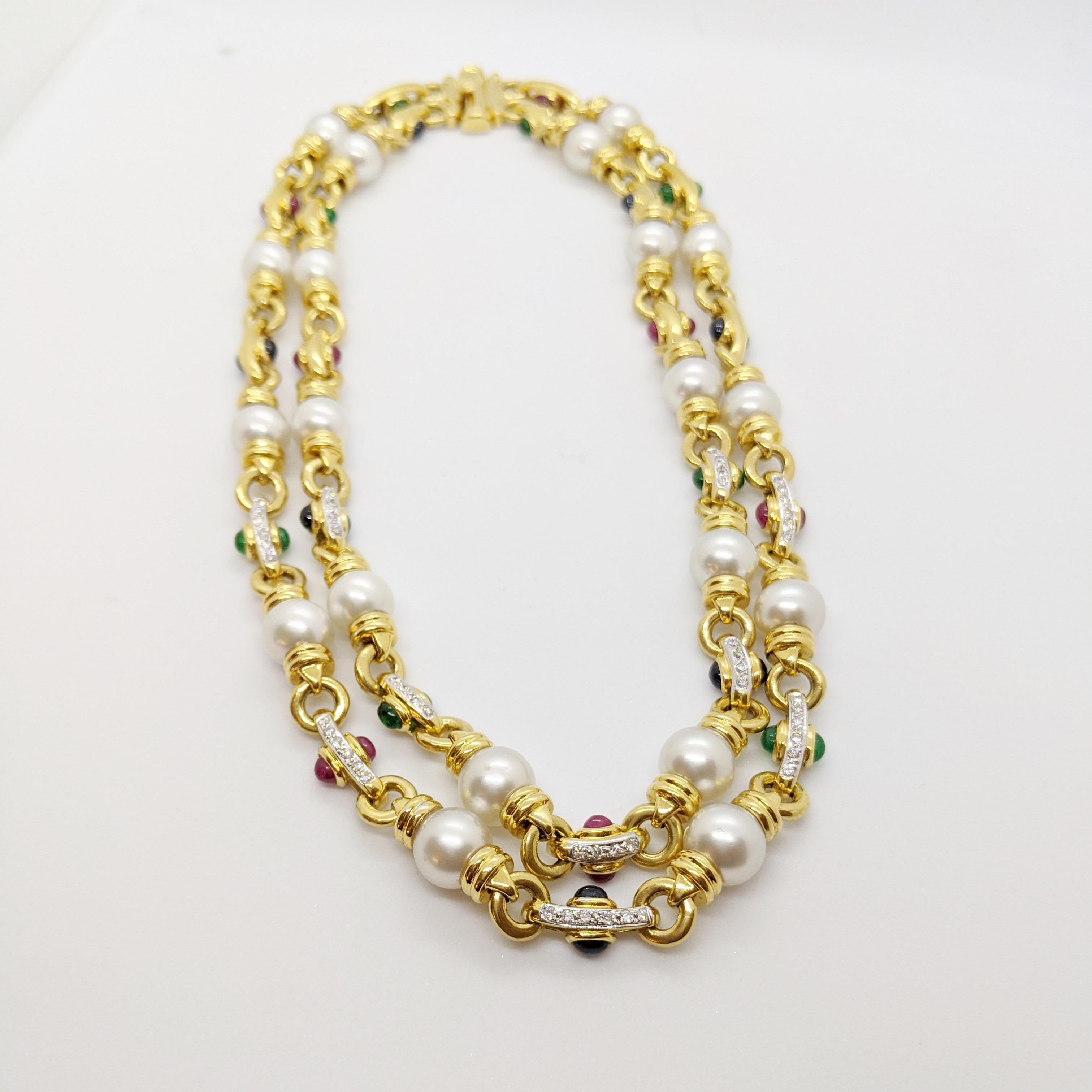 18 Karat Gold Double Strand Necklace with Diamonds Pearls and Colored Gem Stones In New Condition In New York, NY
