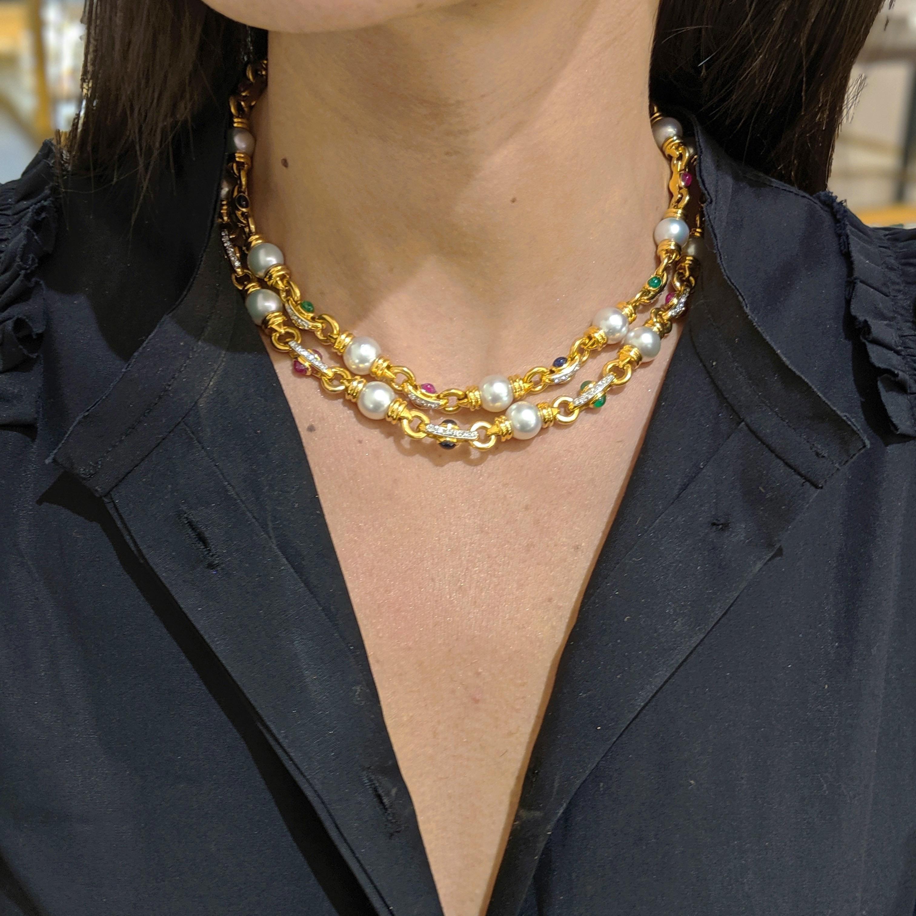 Women's or Men's 18 Karat Gold Double Strand Necklace with Diamonds Pearls and Colored Gem Stones