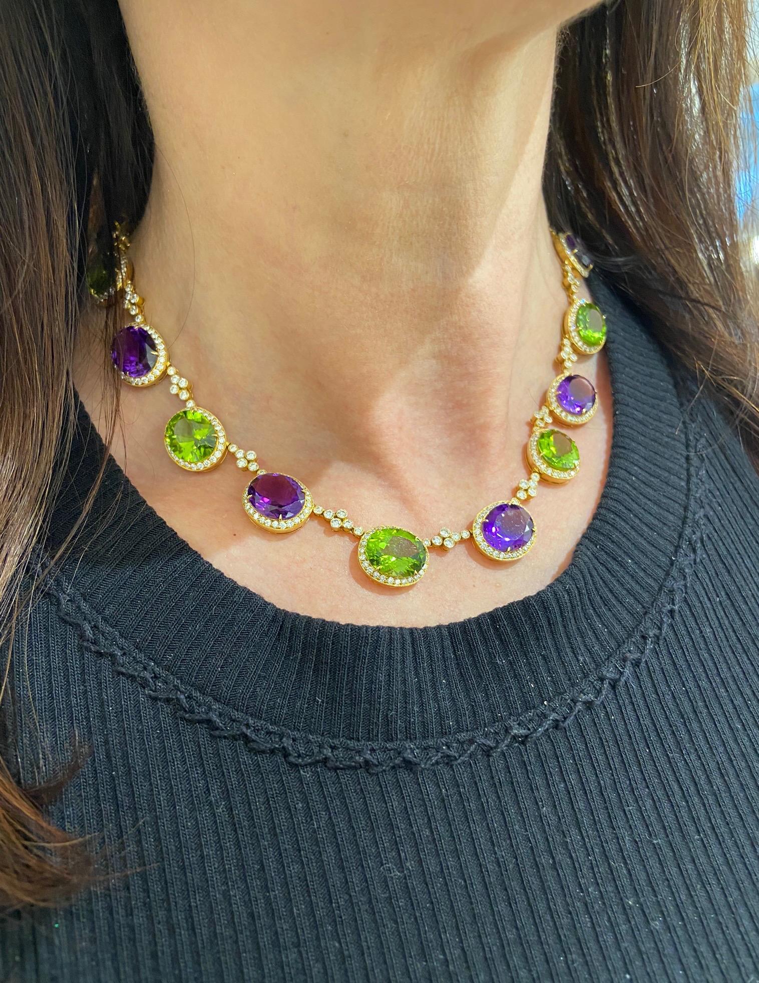 Modern 18KT YG Necklace with Diamond 8.25CT's, Amethyst 32.54Ct., Peridot 37.07Ct. For Sale