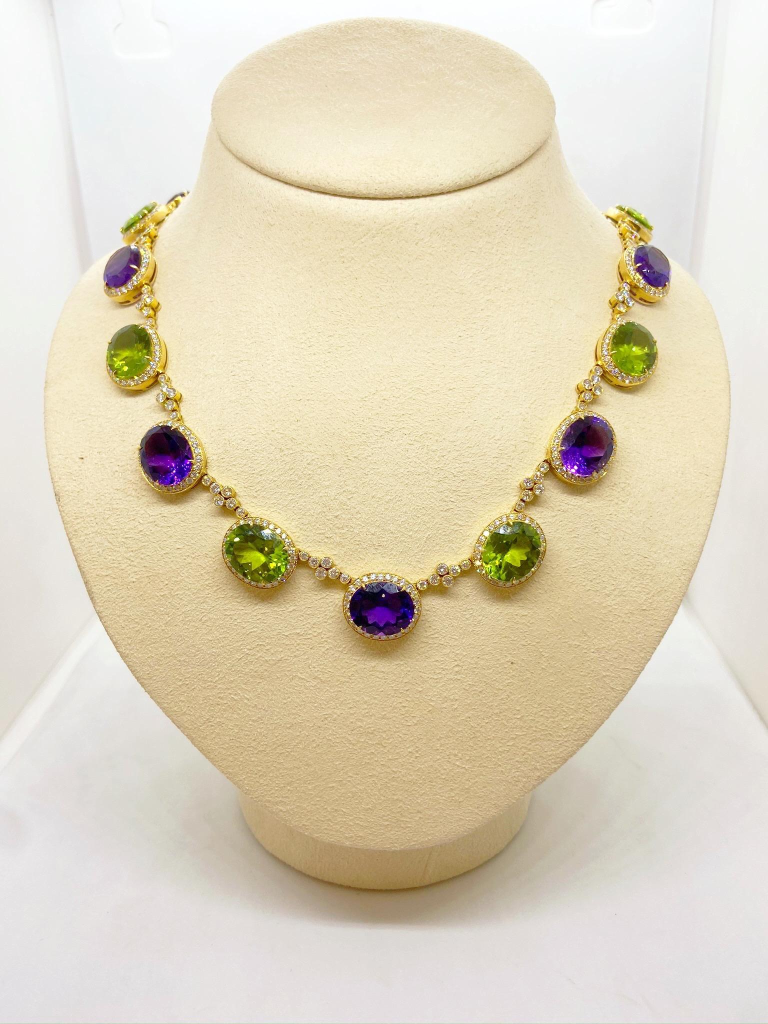 Oval Cut 18KT YG Necklace with Diamond 8.25CT's, Amethyst 32.54Ct., Peridot 37.07Ct. For Sale