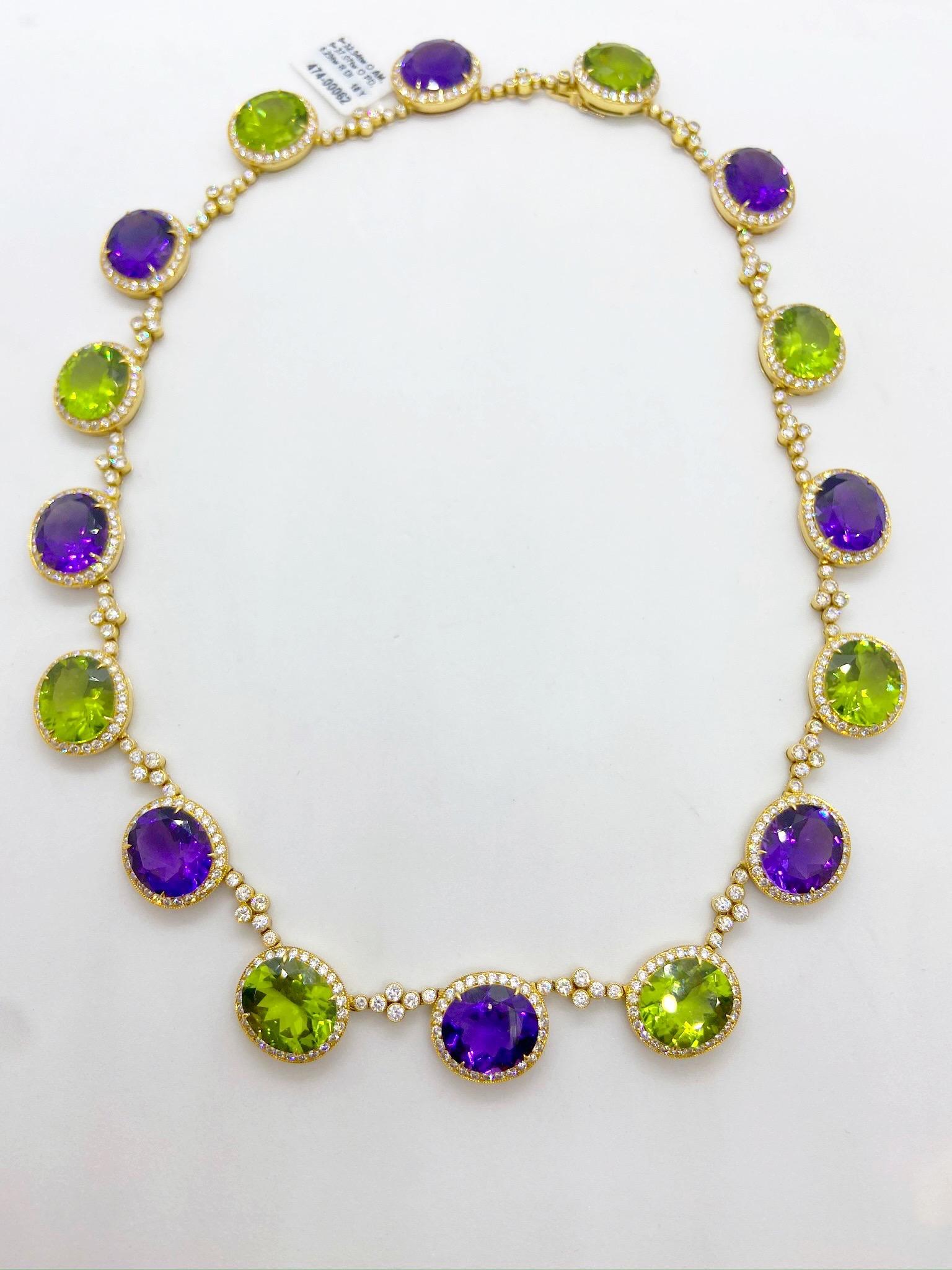 18KT YG Necklace with Diamond 8.25CT's, Amethyst 32.54Ct., Peridot 37.07Ct. In New Condition For Sale In New York, NY