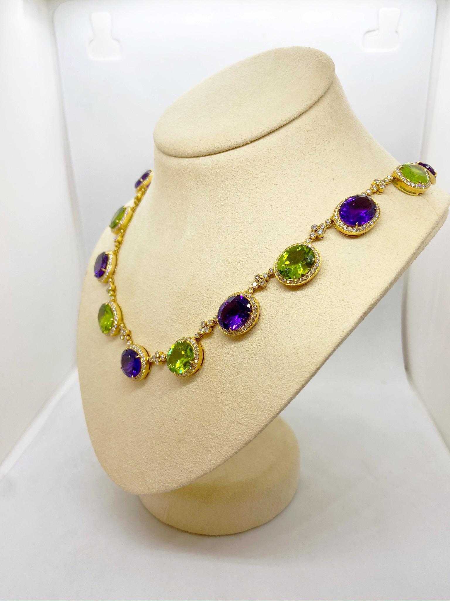 Women's or Men's 18KT YG Necklace with Diamond 8.25CT's, Amethyst 32.54Ct., Peridot 37.07Ct. For Sale