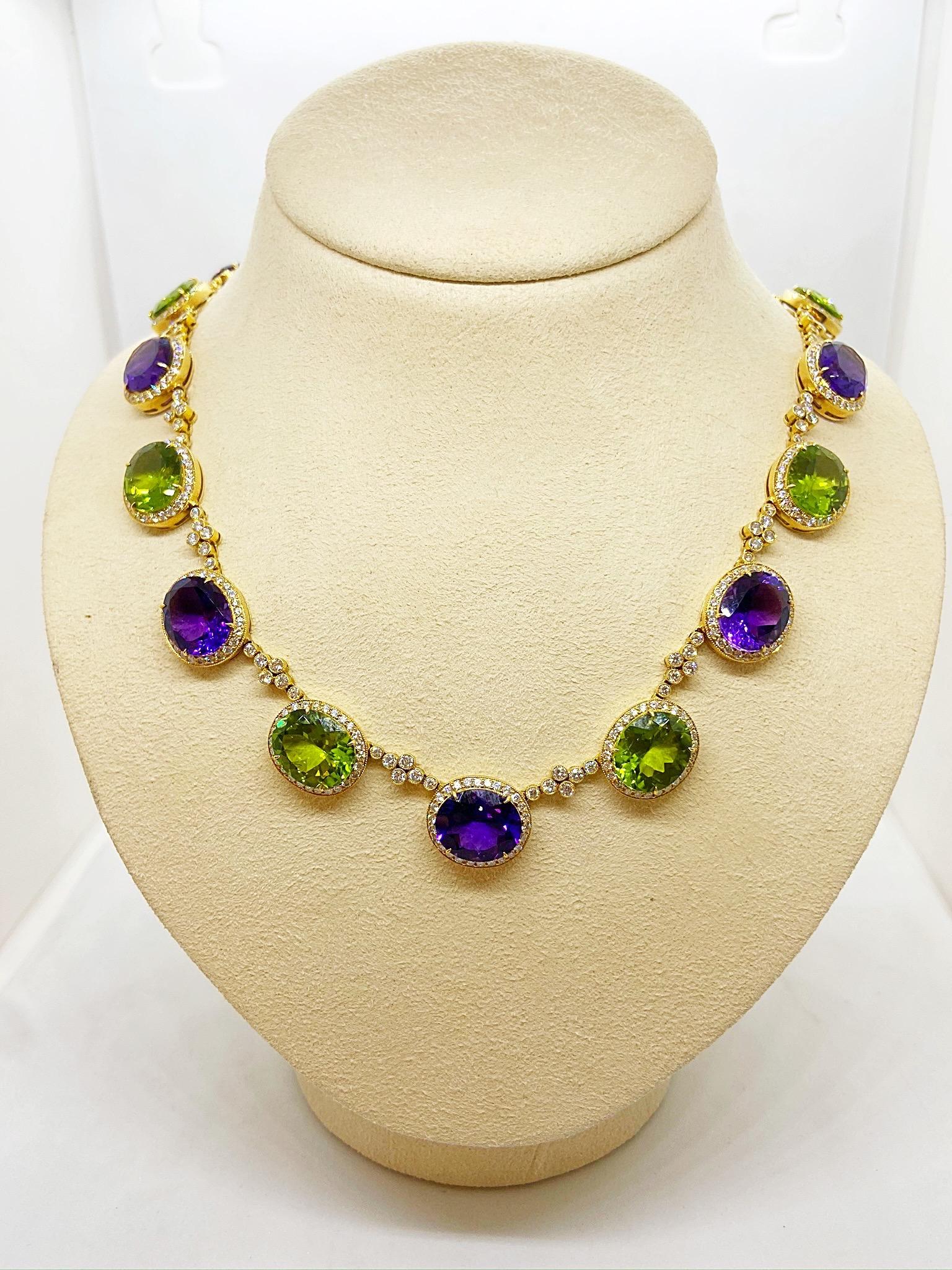 18KT YG Necklace with Diamond 8.25CT's, Amethyst 32.54Ct., Peridot 37.07Ct. For Sale 1