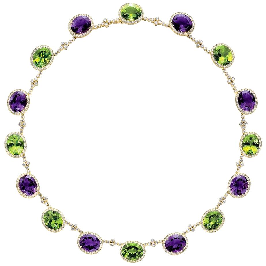 18KT YG Necklace with Diamond 8.25CT's, Amethyst 32.54Ct., Peridot 37.07Ct.