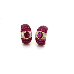 18KT YG Oval and Invisibly Set Rubies 12.85 Ct & Diamond 0.92 Cts Hoop Earrings