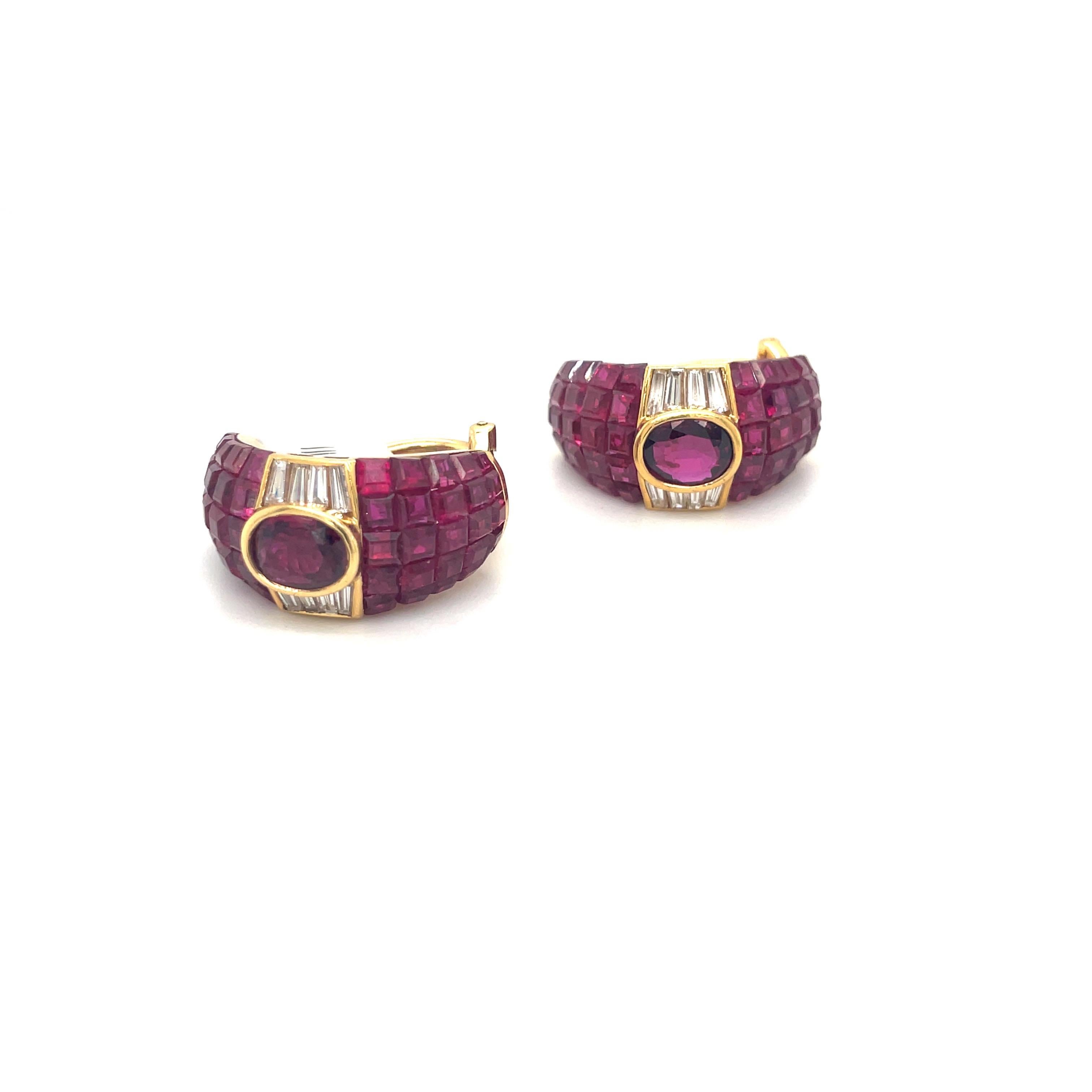 Contemporary 18KT YG Oval and Invisibly Set Rubies 12.85 Ct & Diamond 0.92 Cts Hoop Earrings For Sale