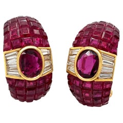 18KT YG Oval and Invisibly Set Rubies 12.85 Ct & Diamond 0.92 Cts Hoop Earrings