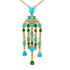 18Kt YG Turquoise, Emerald and Diamond necklace