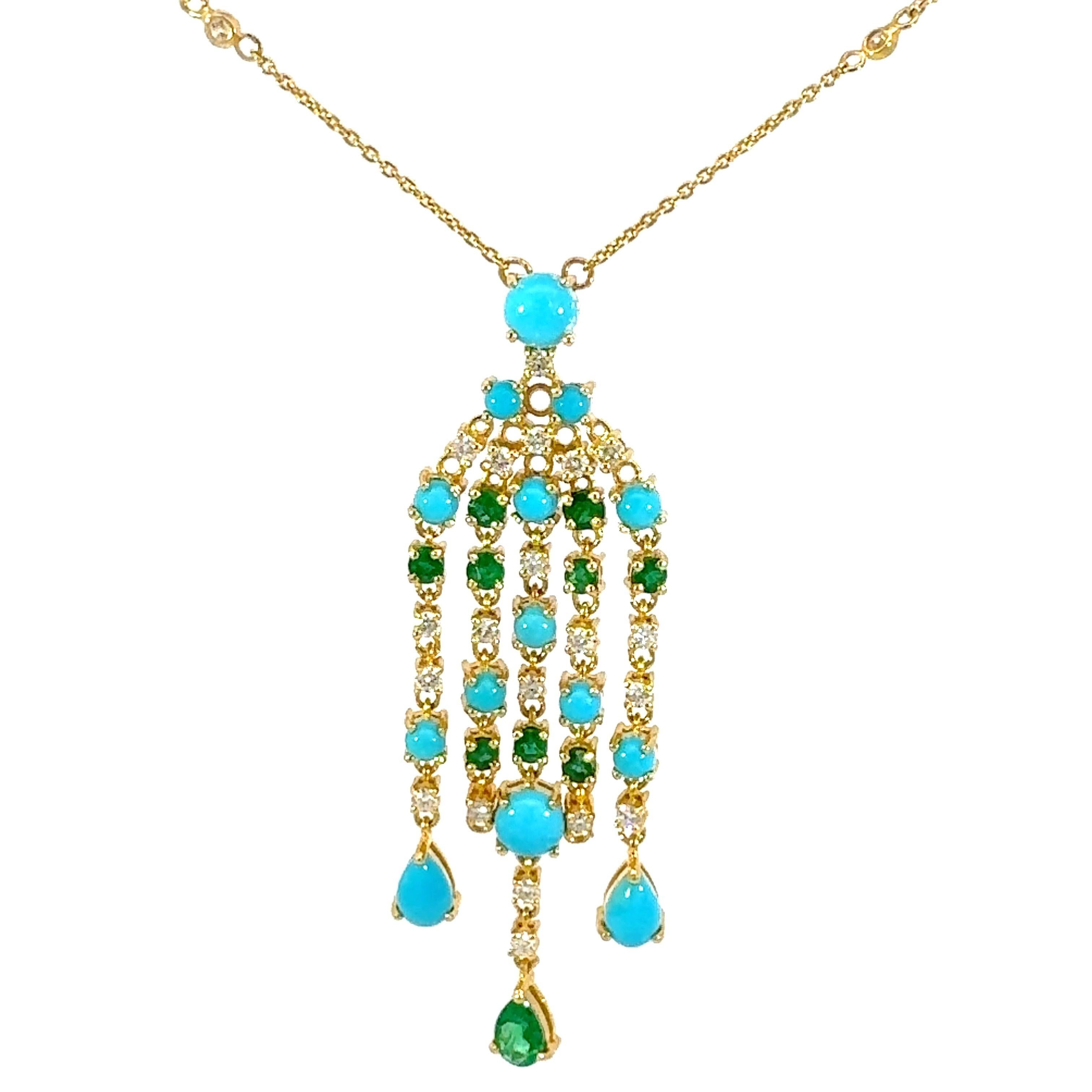 18 Karat YG Halskette mit Türkis, Smaragd und Diamanten (Gemischter Schliff) im Angebot