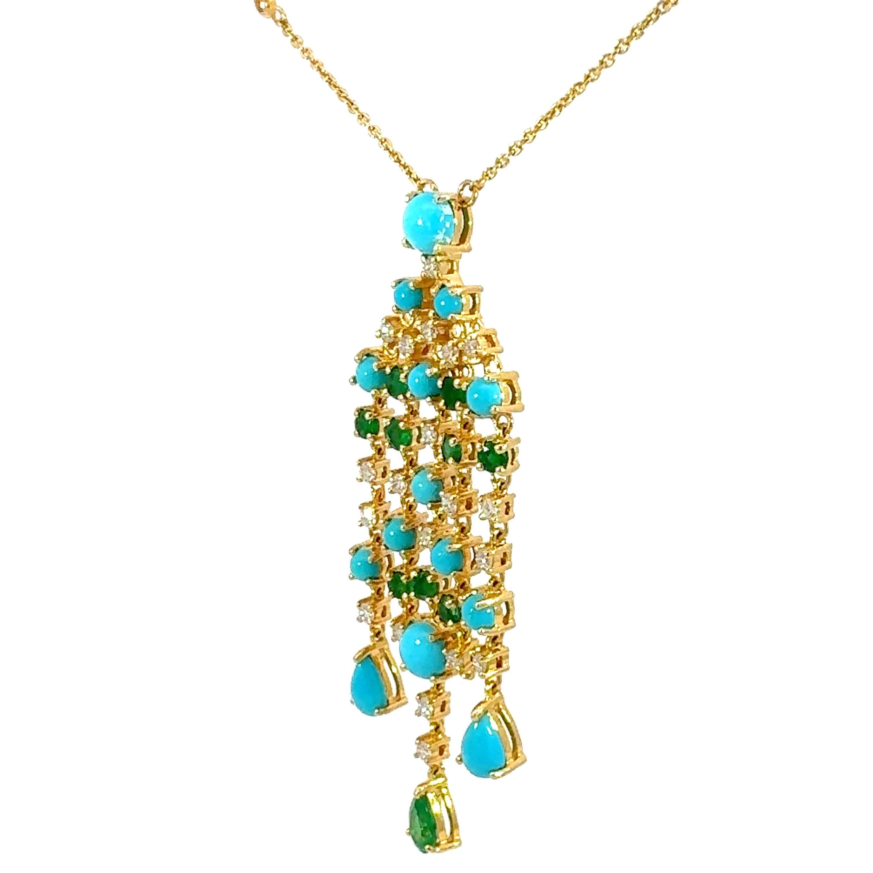 18 Karat YG Halskette mit Türkis, Smaragd und Diamanten Damen im Angebot