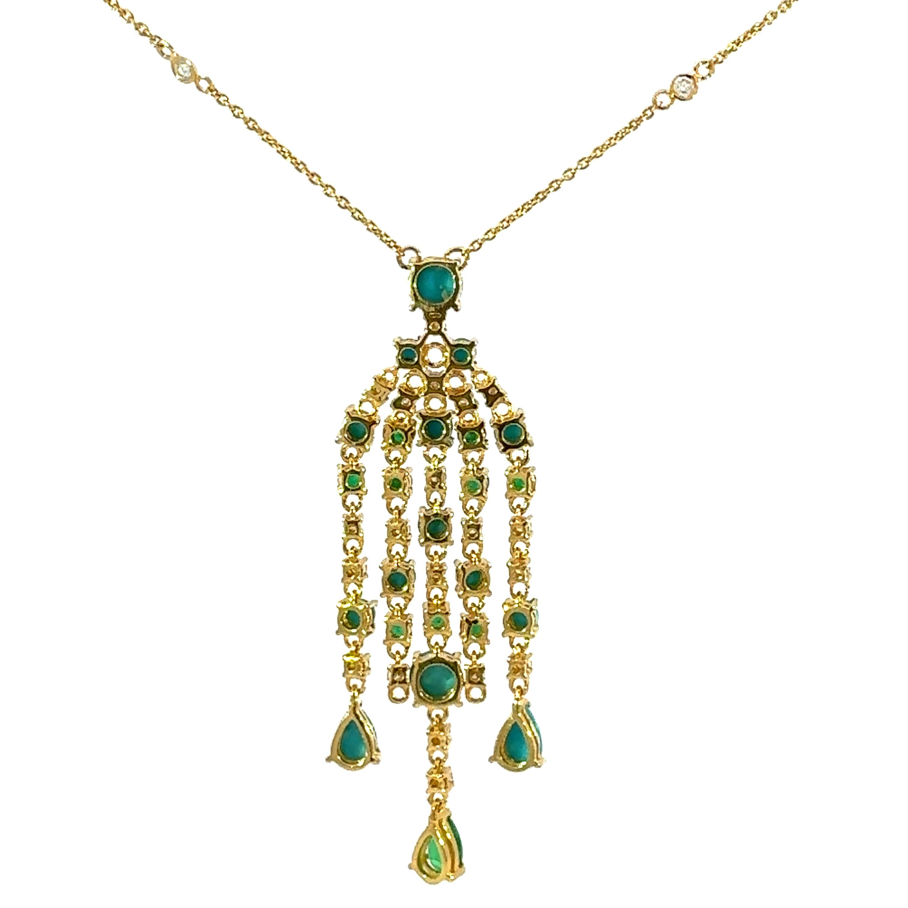 18 Karat YG Halskette mit Türkis, Smaragd und Diamanten im Angebot 1