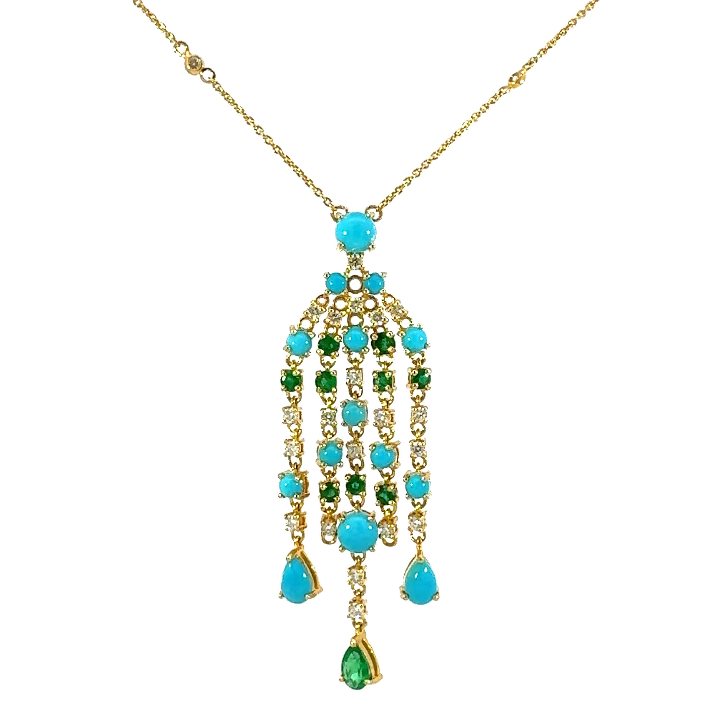 18Kt YG Turquoise, Emerald and Diamond necklace
