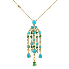 18Kt YG Turquoise, Emerald and Diamond necklace