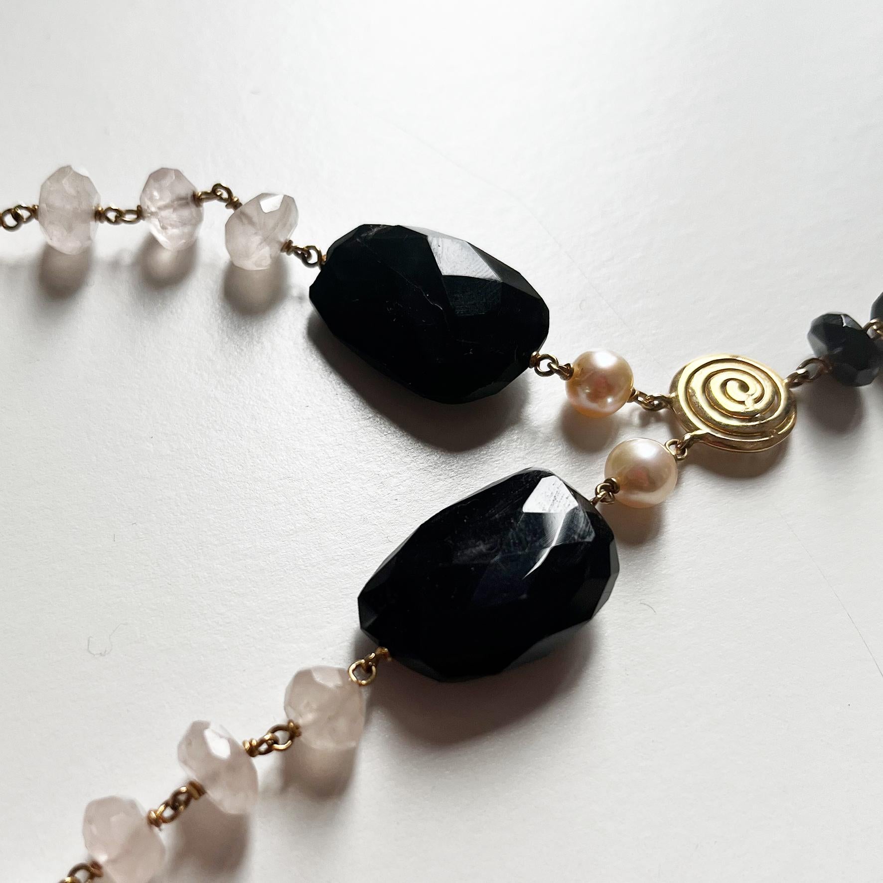 Modern 18KTrose gold Lariat necklace w. Onyx, pearls, Pink Chalcedony and pink quartzes For Sale