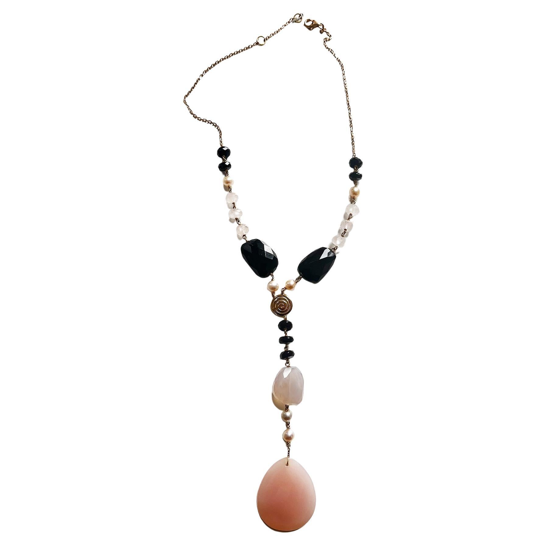 18KTrose gold Lariat necklace w. Onyx, pearls, Pink Chalcedony and pink quartzes