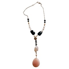 18KTrose gold Lariat necklace w. Onyx, pearls, Pink Chalcedony and pink quartzes