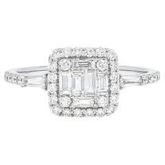 18KTW Gold Baguette Round Diamond Halo Cluster Accented Shank Engagement Ring 