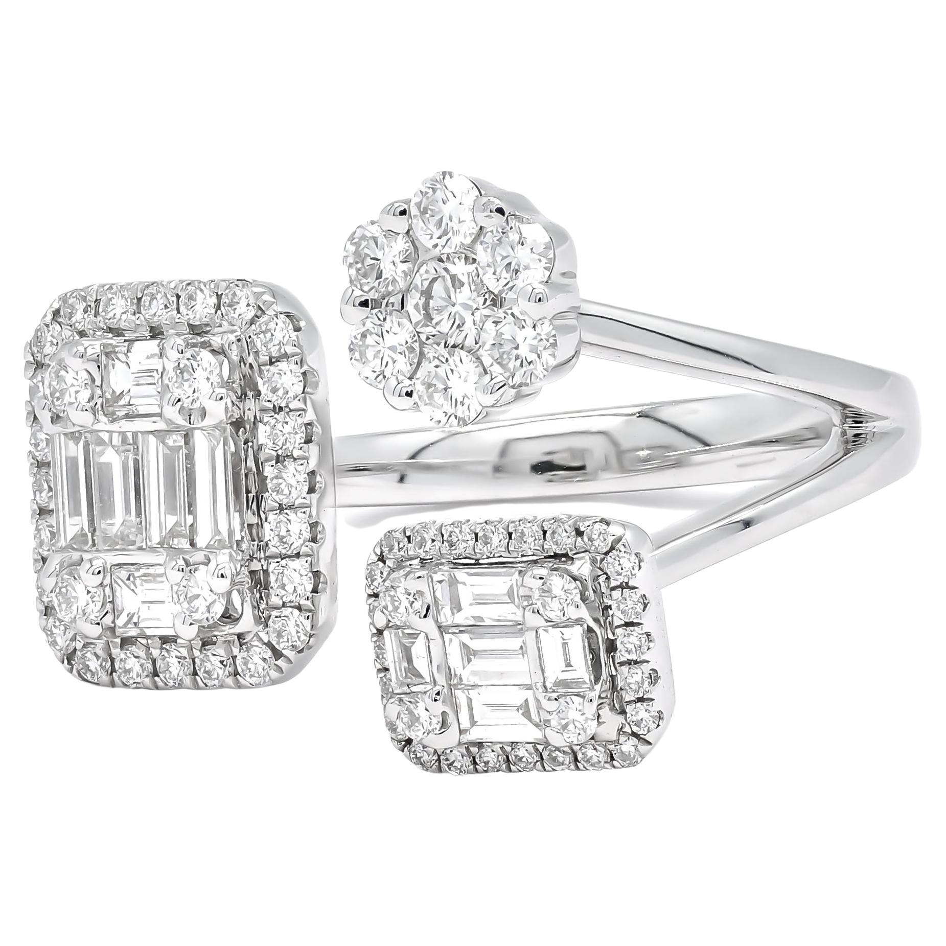 Art Deco 18KTW Gold Baguette Round Diamonds 3 Multi Shape Cluster Halo Statement Ring For Sale