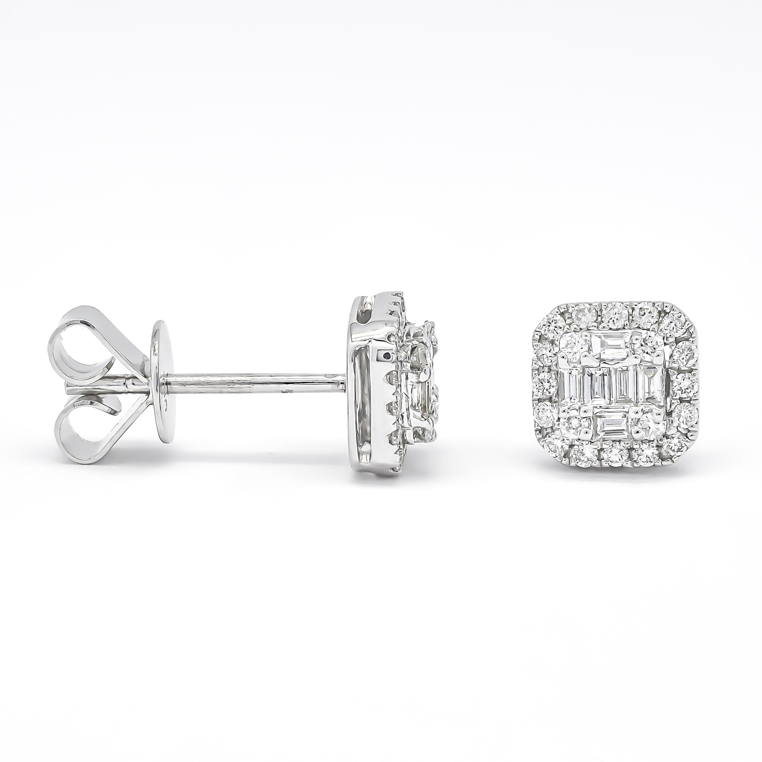 Art Deco 18KTW Gold Natural Baguette Round Diamonds Halo Square Cluster Stud Earring For Sale