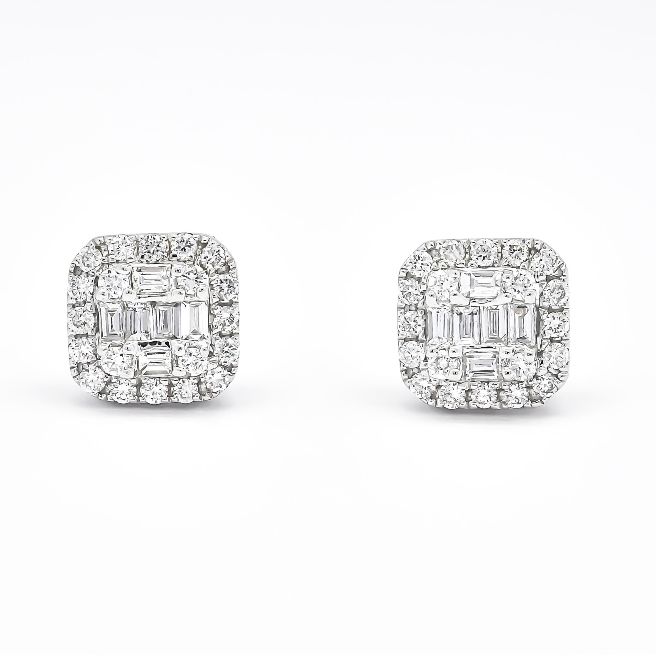 Boucle d'oreille or 18KTW Baguette Diamants ronds Halo Square Cluster Neuf - En vente à Antwerpen, BE